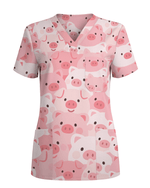 Cute Pig Playful Farm Friends Charm Women Scrub Top - Scrubloop