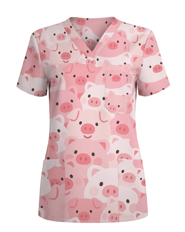 Cute Pig Playful Farm Friends Charm Women Scrub Top