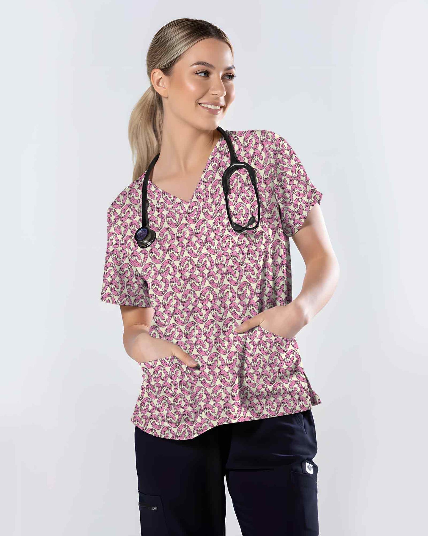 Cute Pink Cat Cuddle All Over Nursing Scrub Top - Scrubloop
