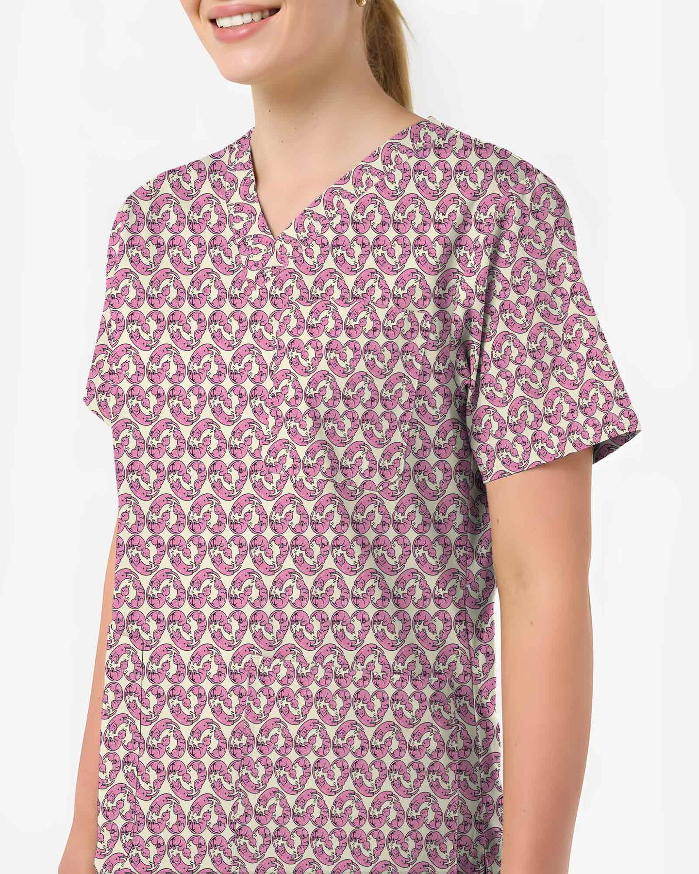 Cute Pink Cat Cuddle All Over Nursing Scrub Top - Scrubloop
