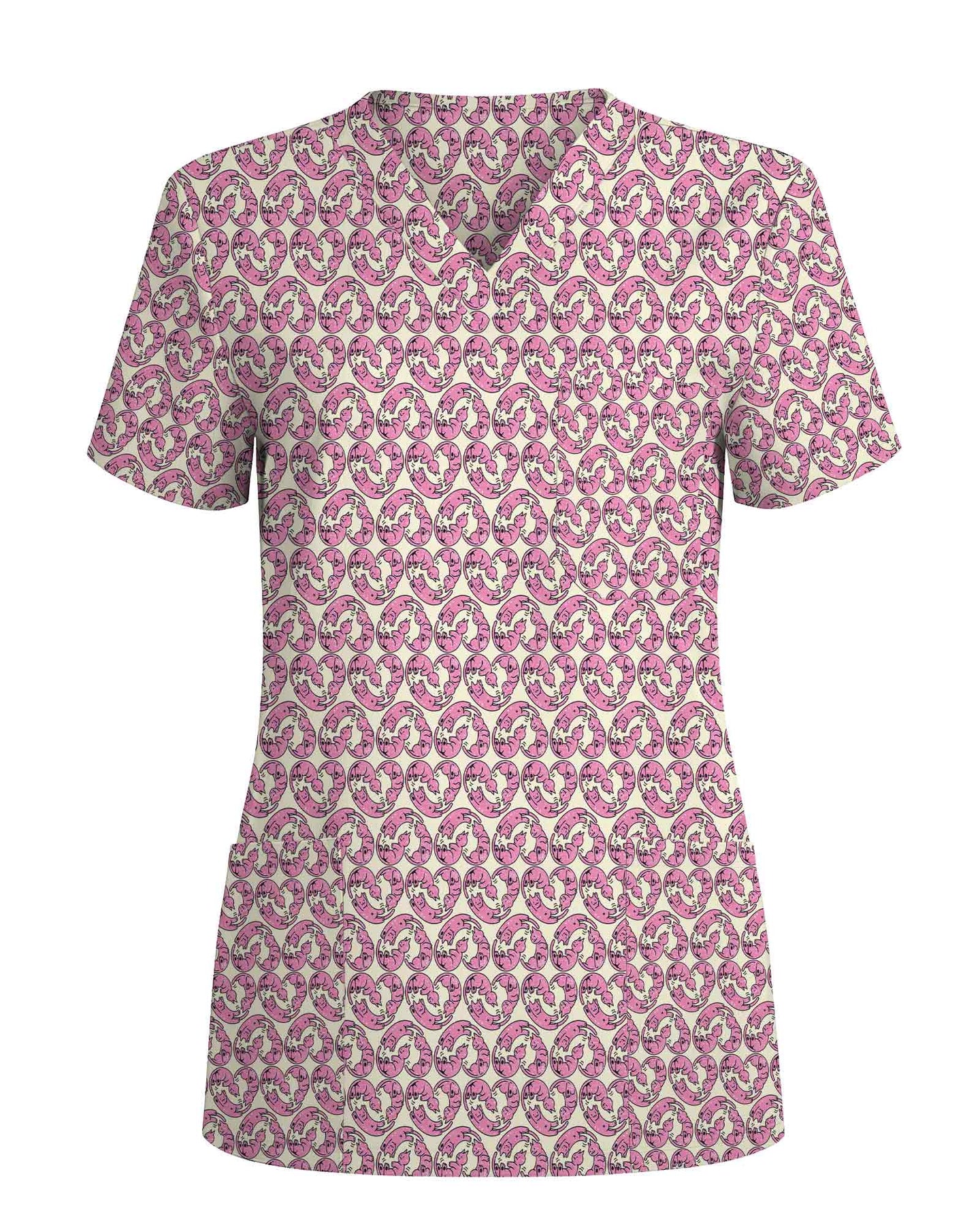 Cute Pink Cat Cuddle All Over Nursing Scrub Top - Scrubloop