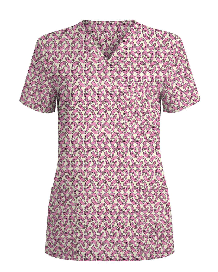 Cute Pink Cat Cuddle All Over Nursing Scrub Top