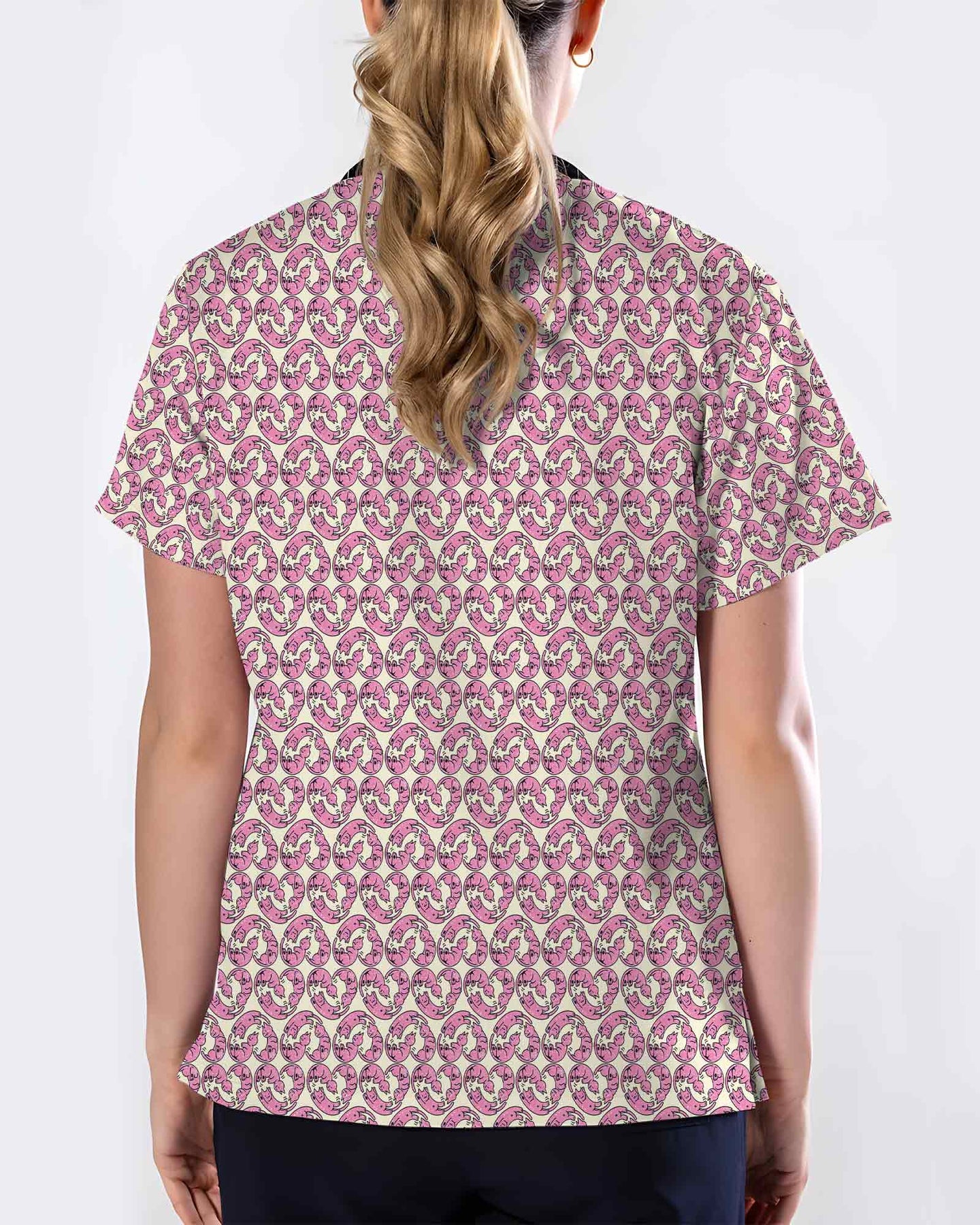 Cute Pink Cat Cuddle All Over Nursing Scrub Top - Scrubloop