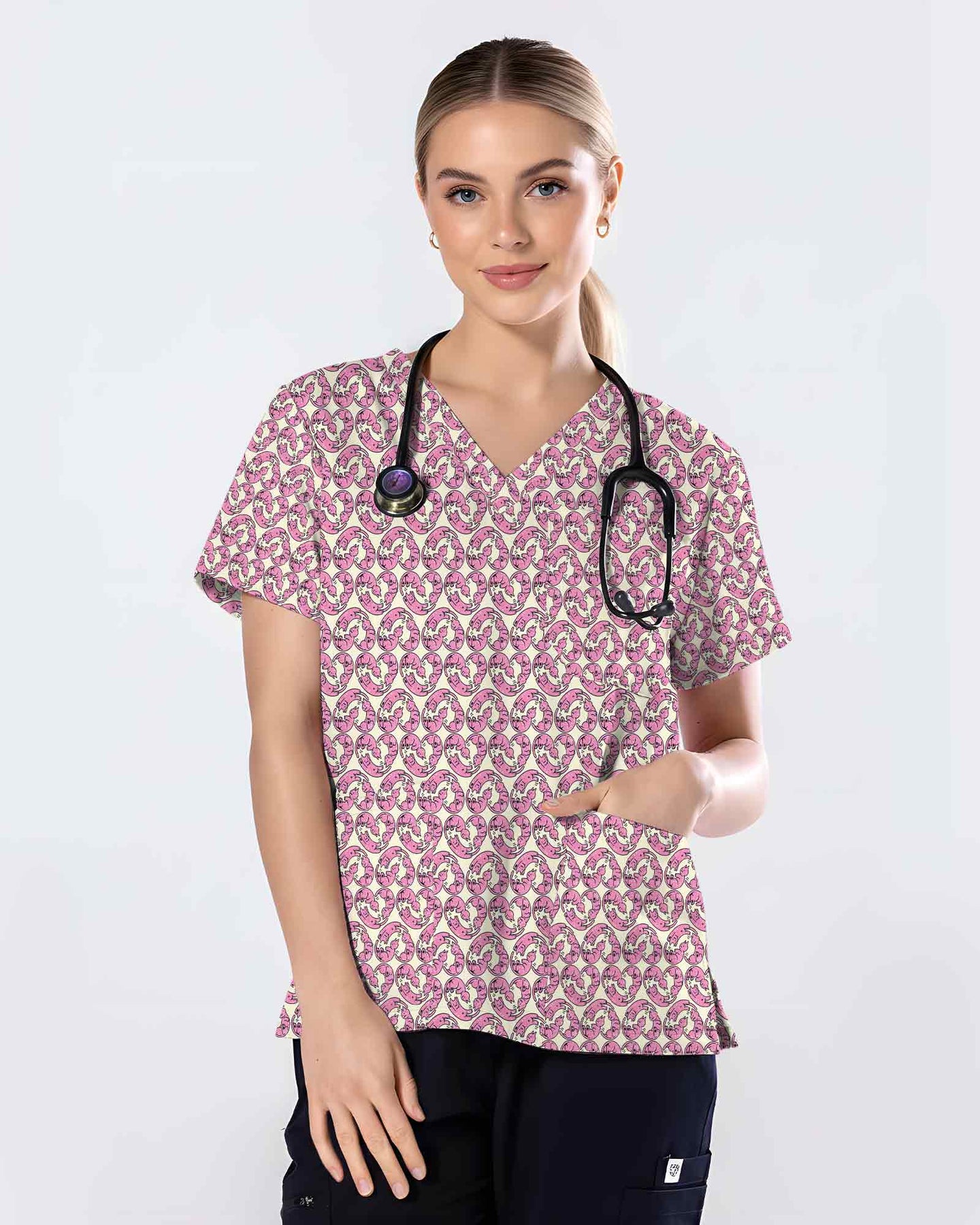 Cute Pink Cat Cuddle All Over Nursing Scrub Top - Scrubloop
