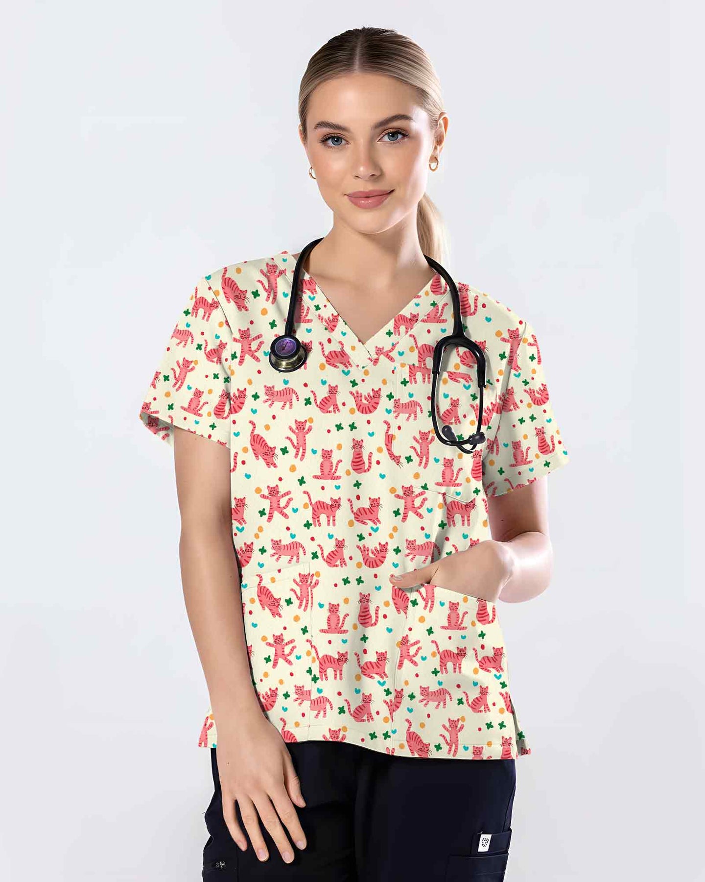 Cute Pink Cat Scrub Top - Scrubloop