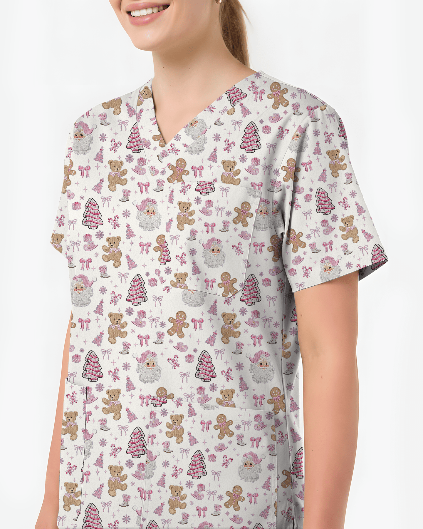 Cute Pink Christmas Vintage Santa Nurse Scrub Top - Scrubloop