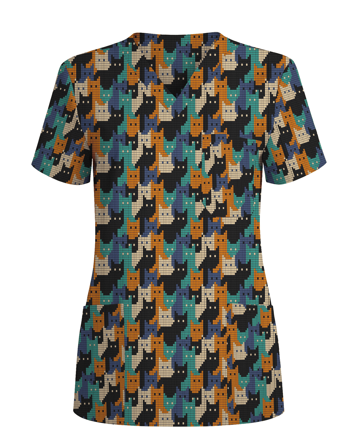Cute Pixel Cat Crowd Scrub Top - Scrubloop