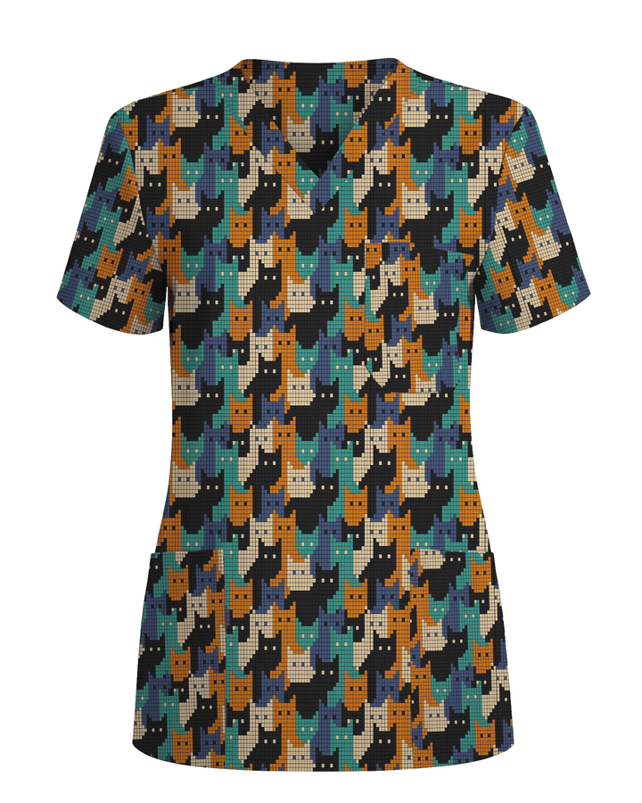 Cute Pixel Cat Crowd Scrub Top