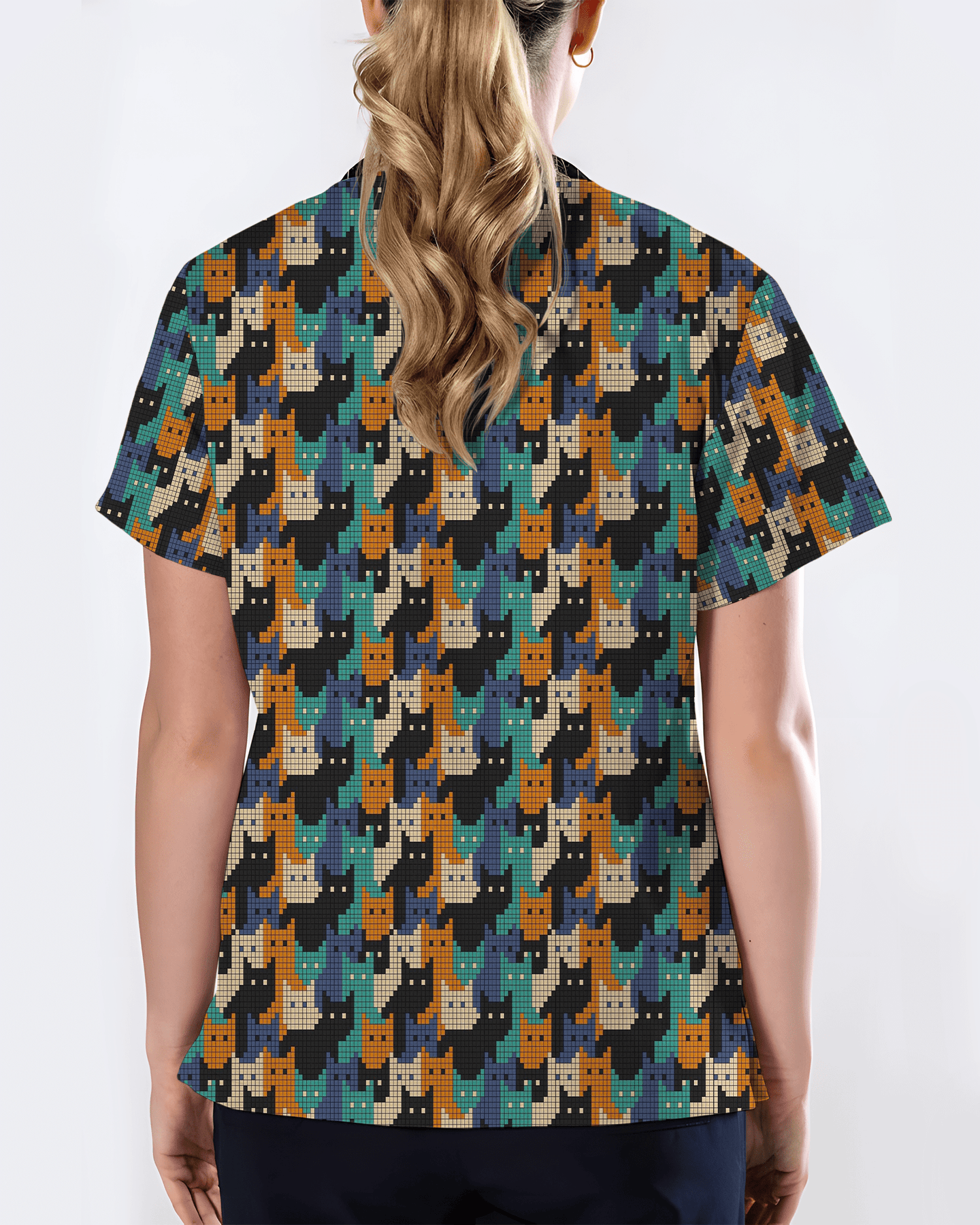 Cute Pixel Cat Crowd Scrub Top - Scrubloop