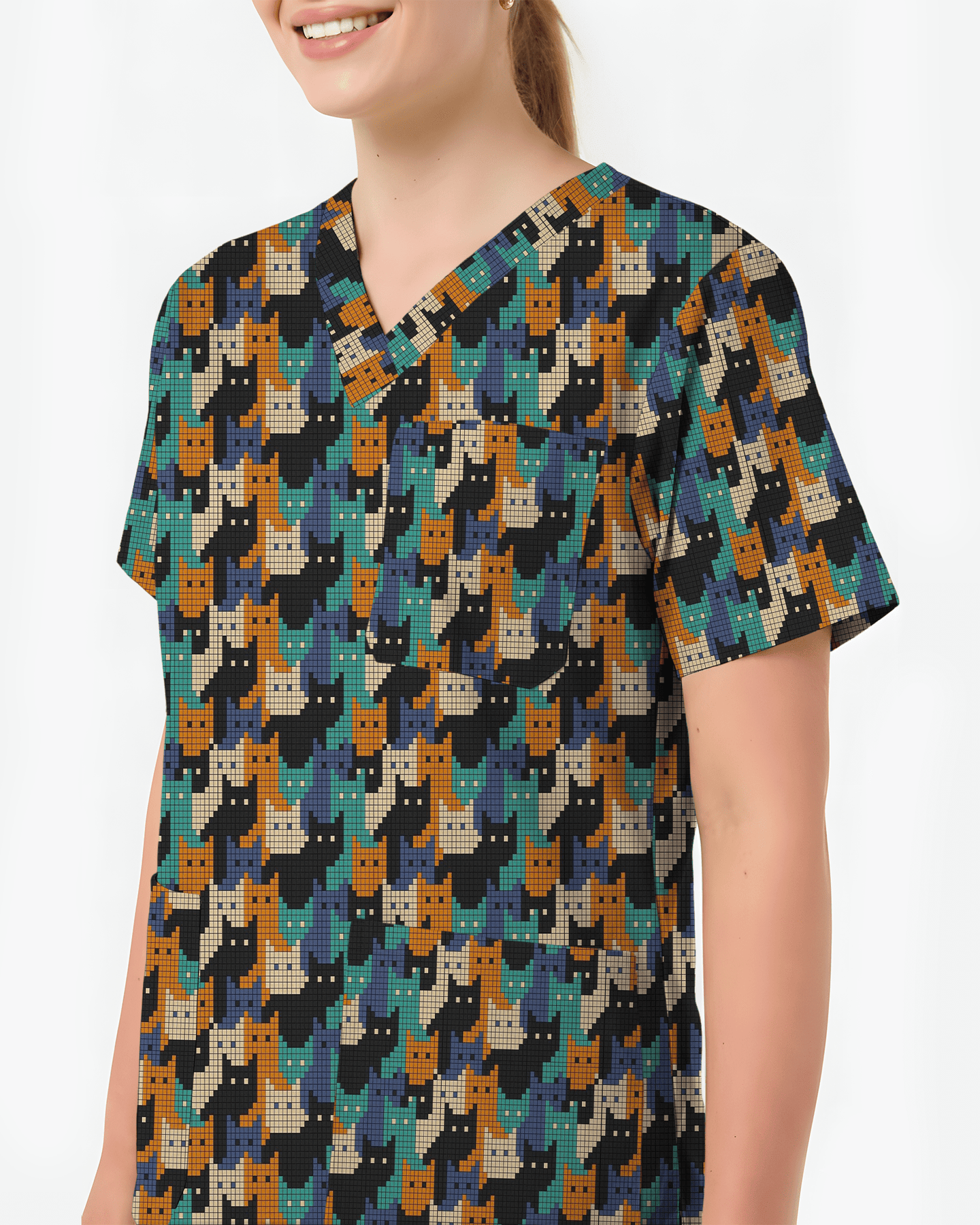Cute Pixel Cat Crowd Scrub Top - Scrubloop