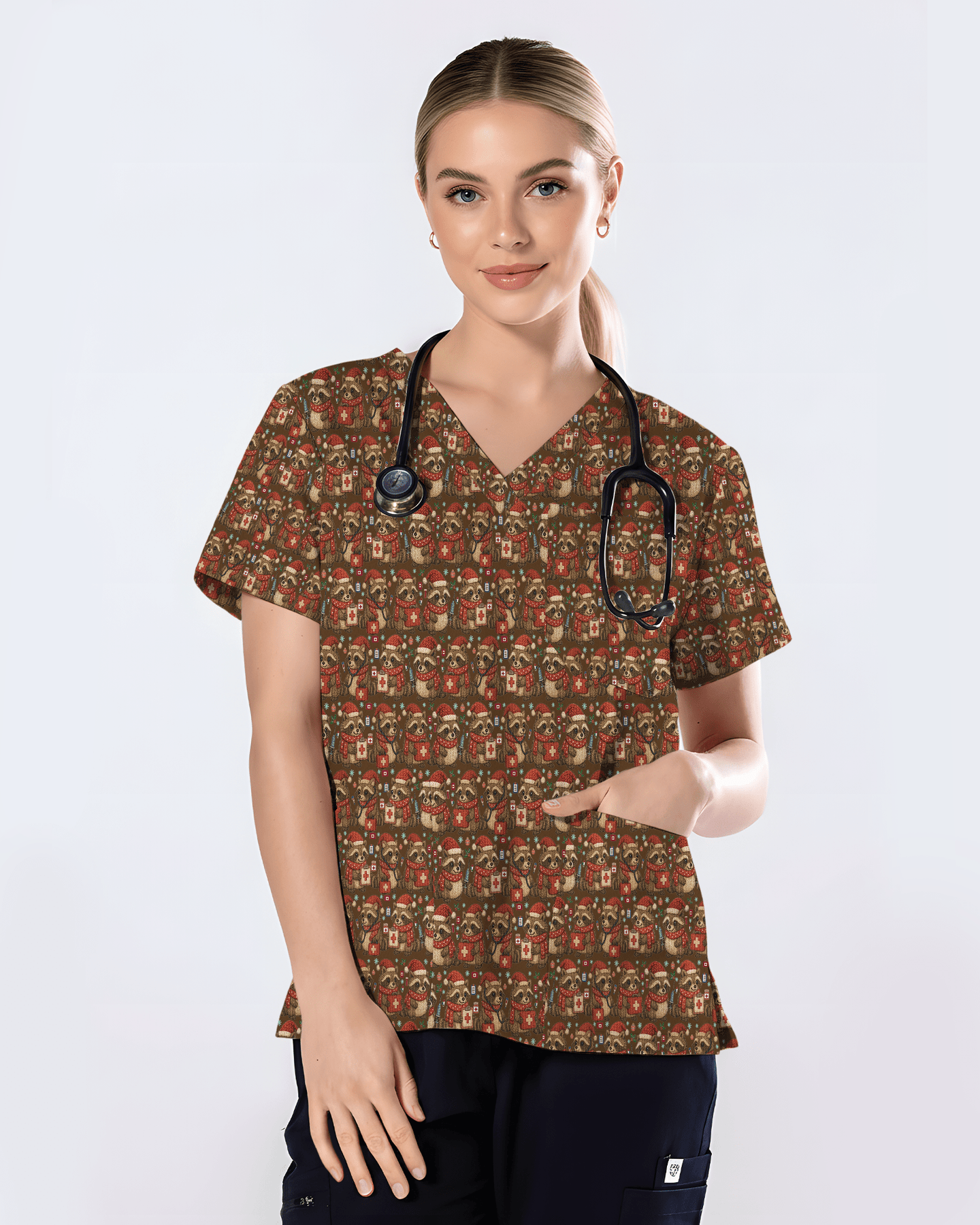 Cute Raccoon Christmas Medical Nurse Scrub Top - Scrubloop