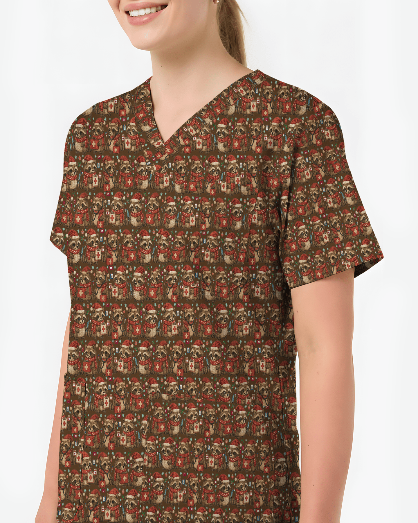 Cute Raccoon Christmas Medical Nurse Scrub Top - Scrubloop