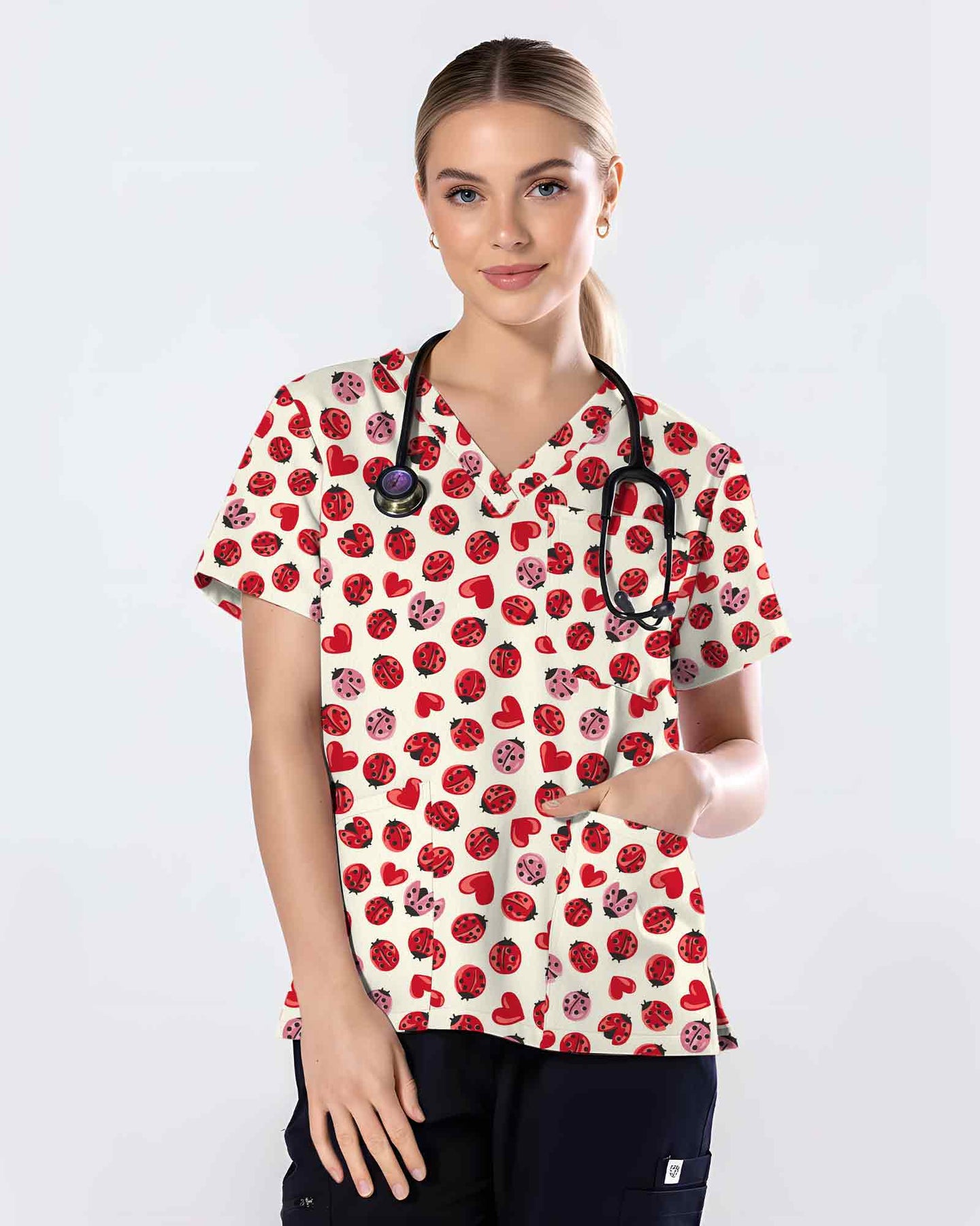 Cute Red Ladybug Heart Nursing Scrub Top - Scrubloop