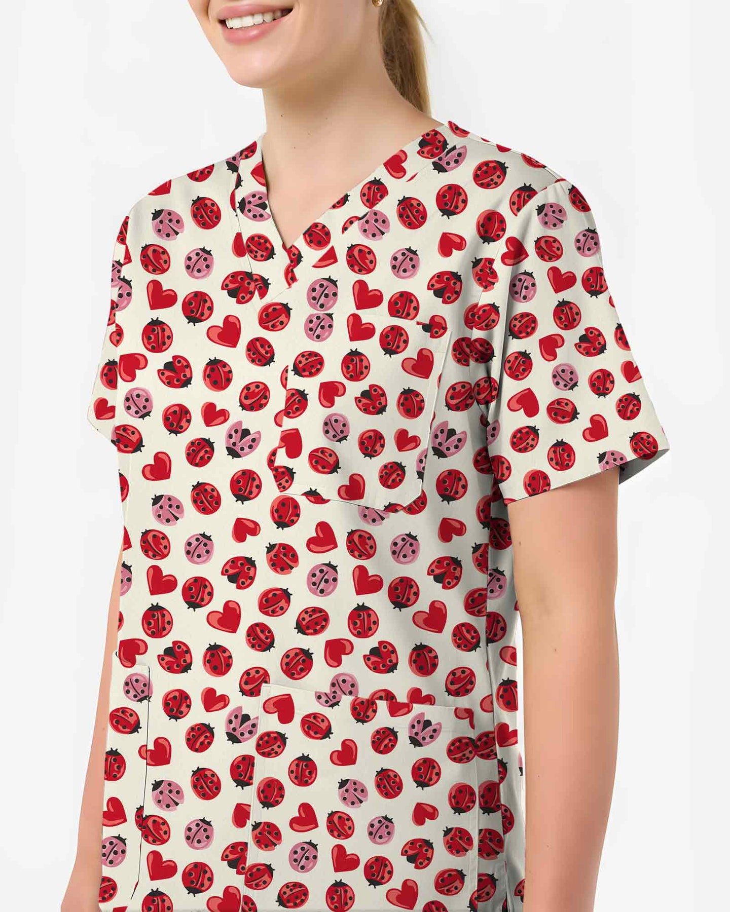 Cute Red Ladybug Heart Nursing Scrub Top - Scrubloop