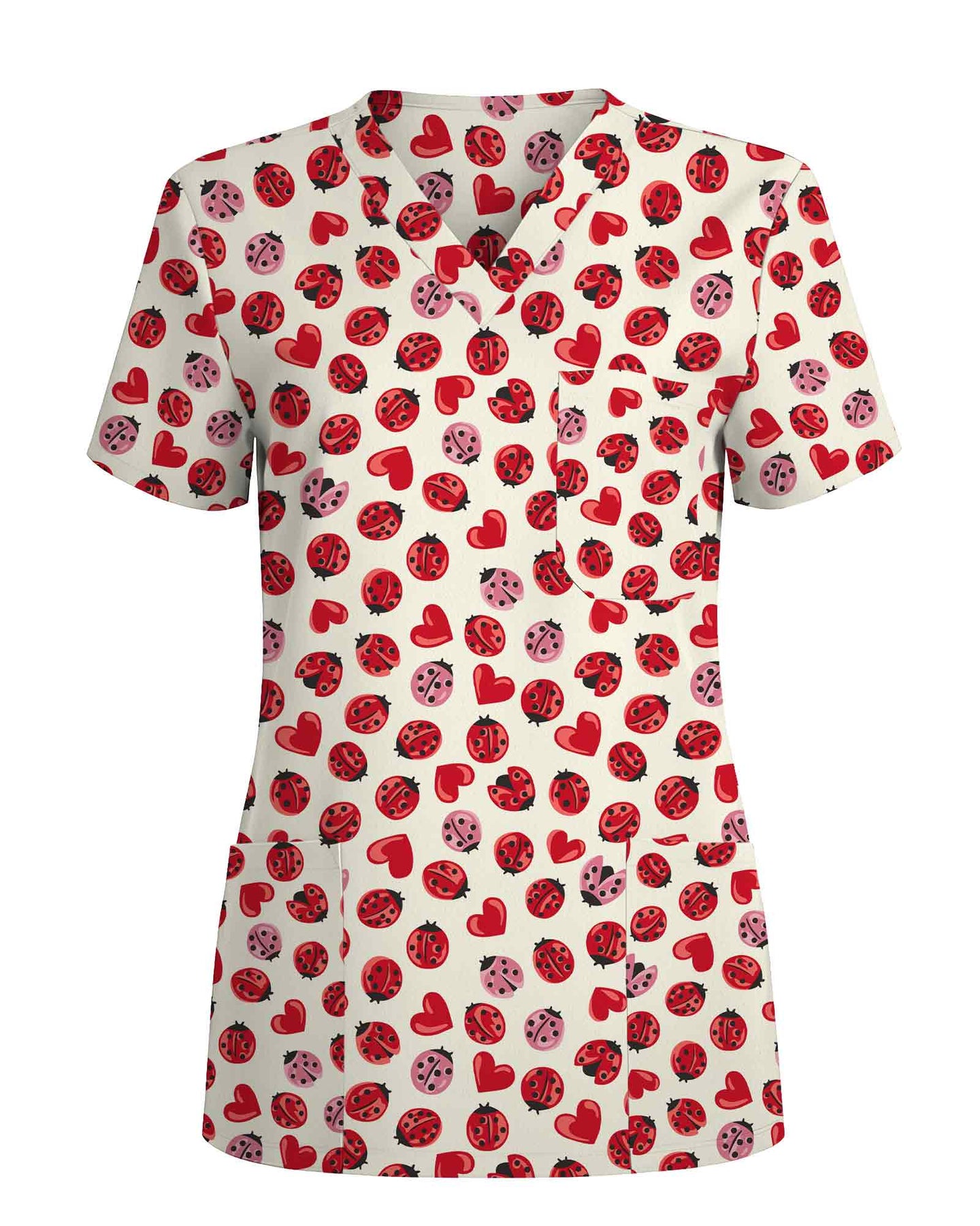 Cute Red Ladybug Heart Nursing Scrub Top - Scrubloop