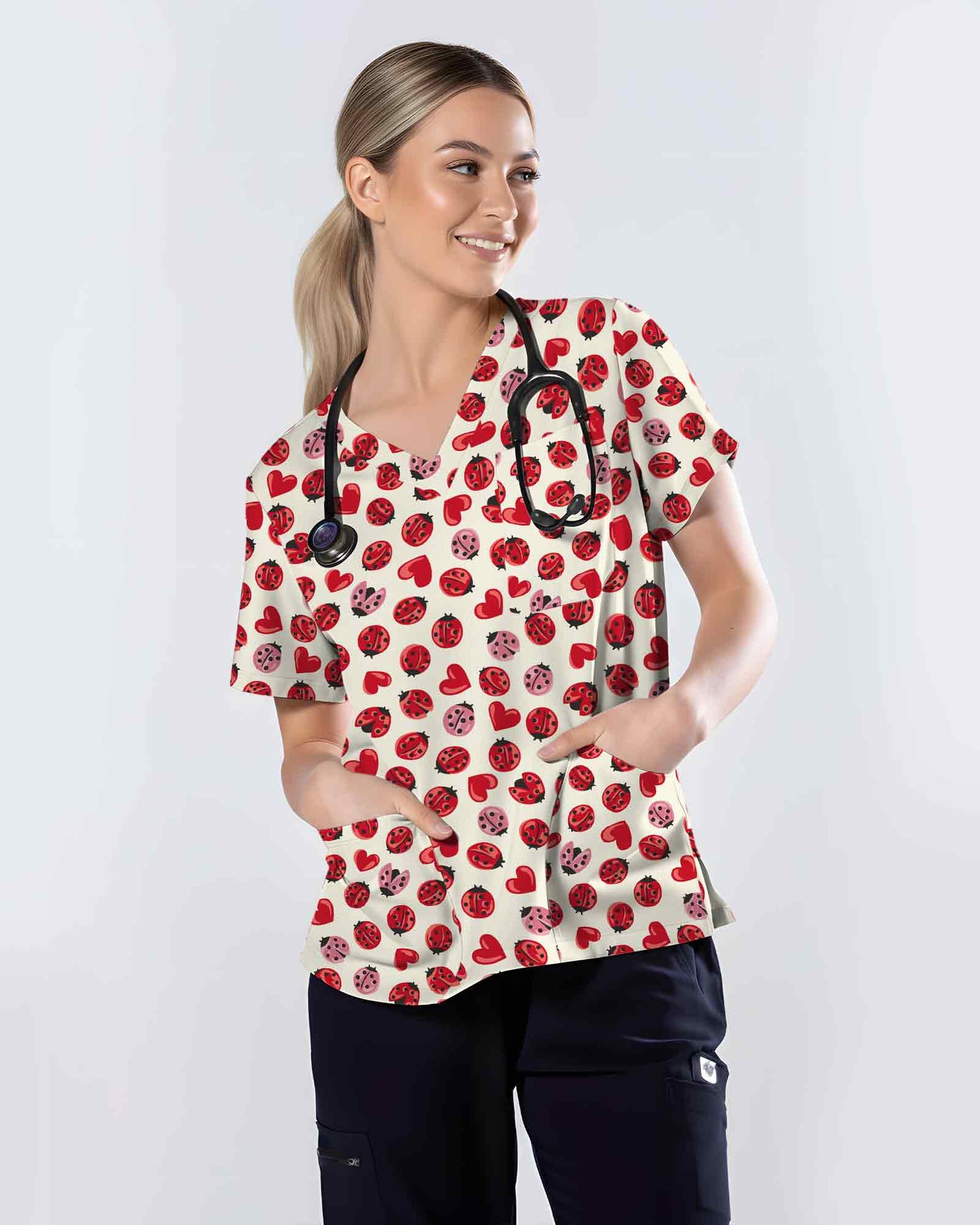 Cute Red Ladybug Heart Nursing Scrub Top - Scrubloop