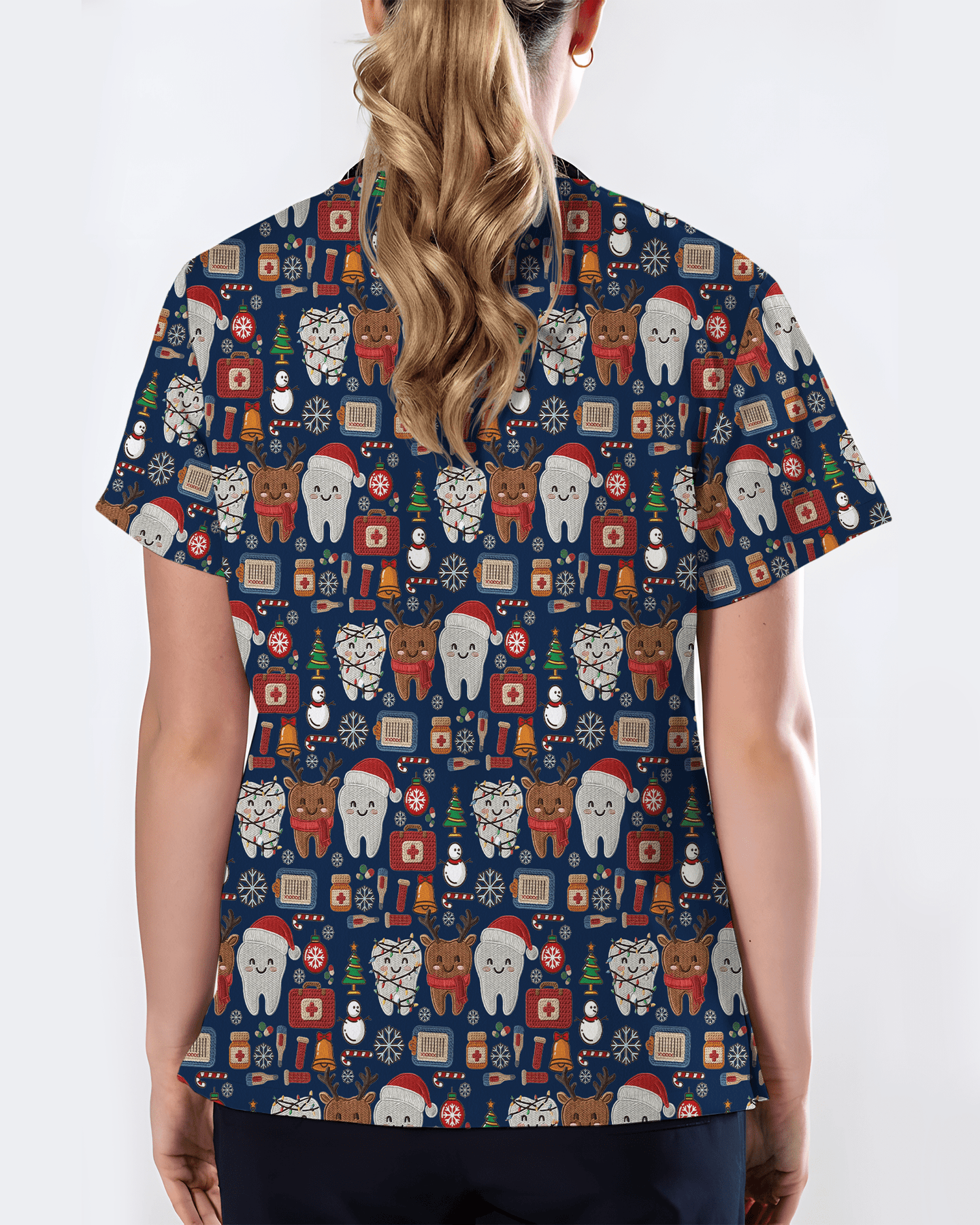 Cute Reindeer and Santa Teeth Holiday Dental Scrub Top - Scrubloop
