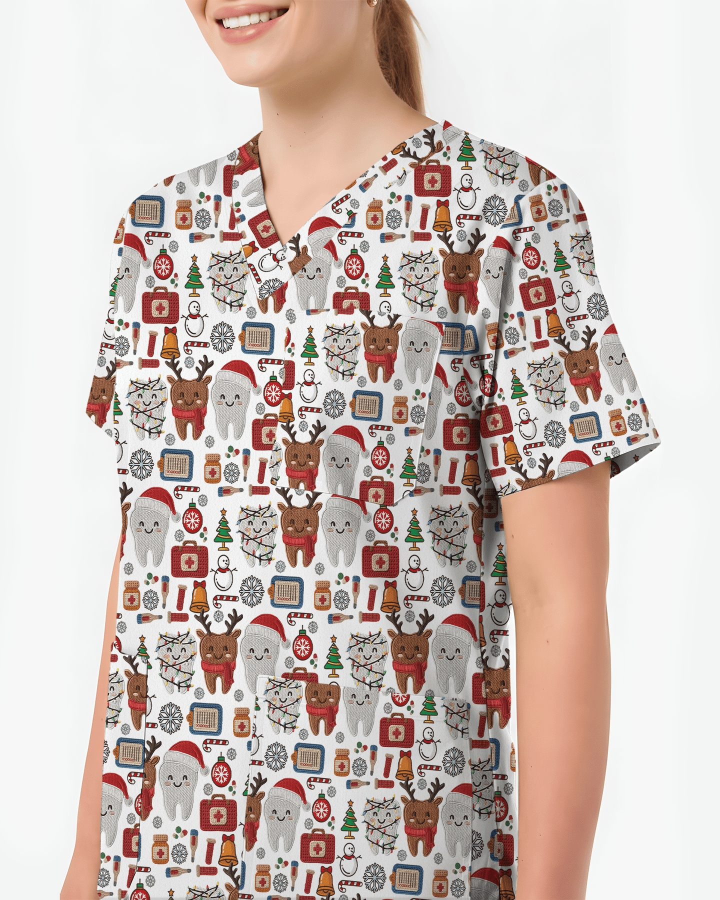 Cute Reindeer and Santa Teeth Holiday Dental Scrub Top - Scrubloop