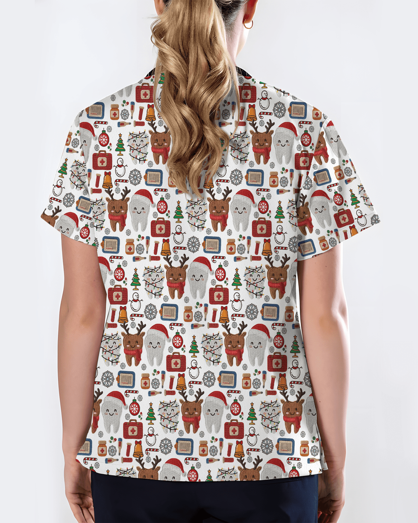 Cute Reindeer and Santa Teeth Holiday Dental Scrub Top - Scrubloop