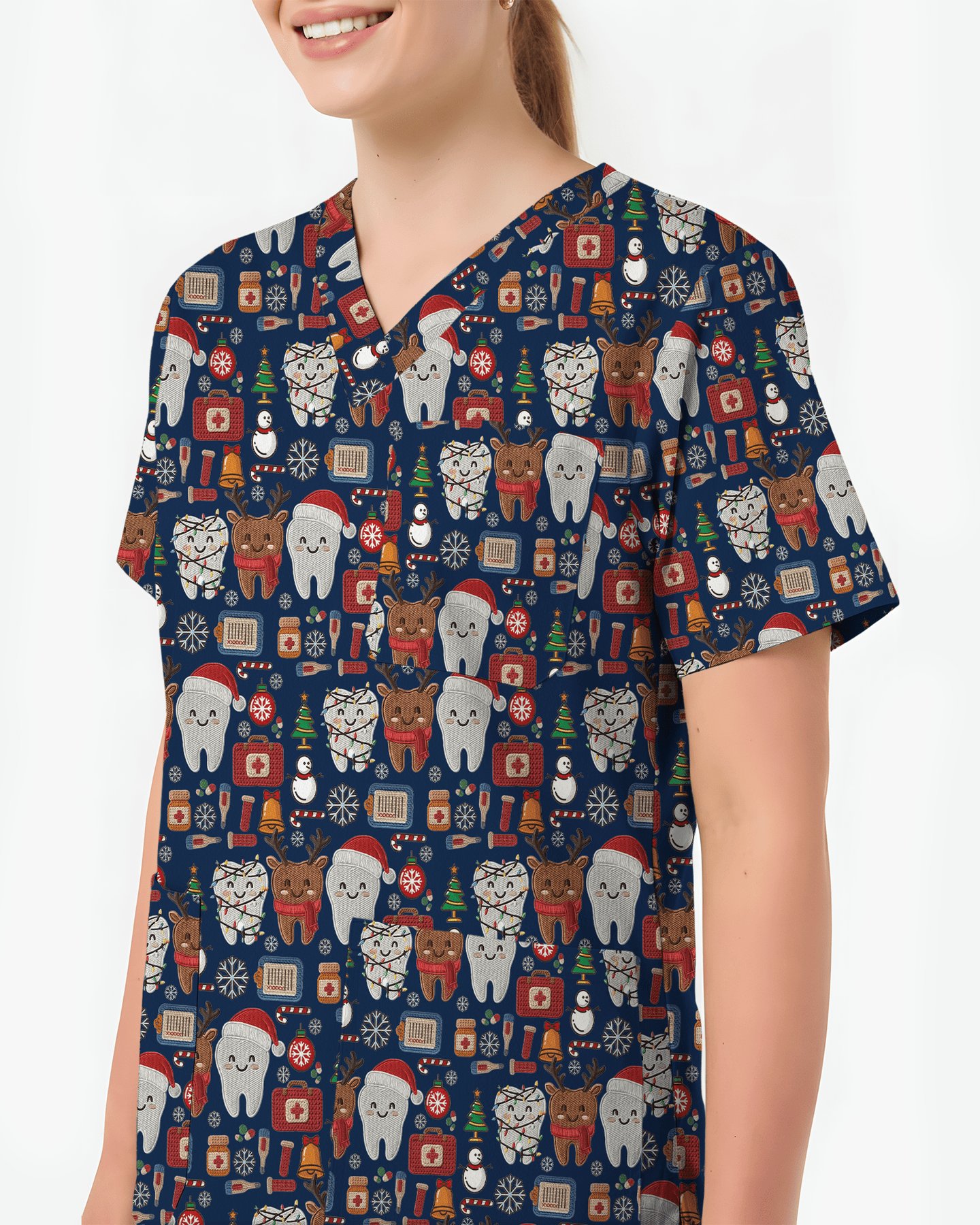 Cute Reindeer and Santa Teeth Holiday Dental Scrub Top - Scrubloop