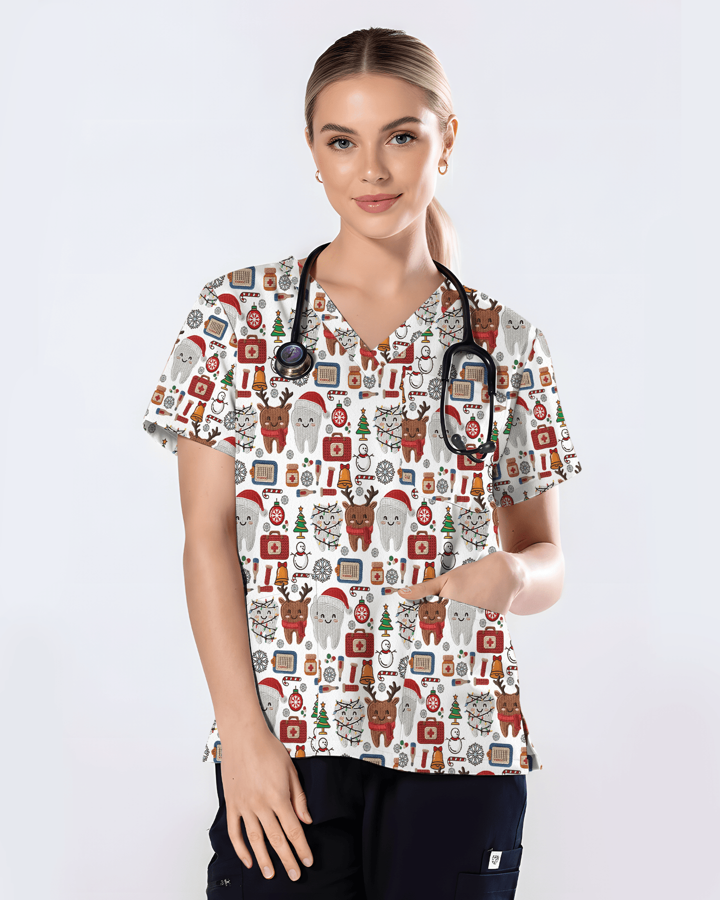 Cute Reindeer and Santa Teeth Holiday Dental Scrub Top - Scrubloop