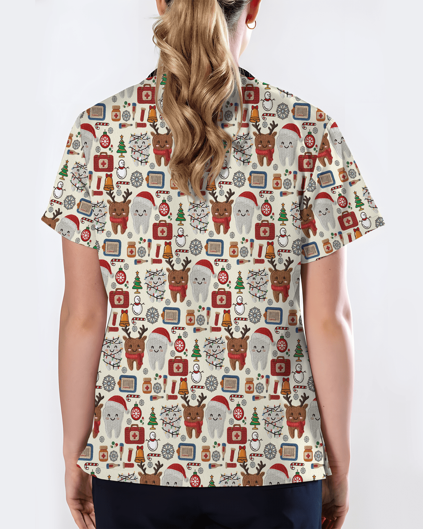 Cute Reindeer and Santa Teeth Holiday Dental Scrub Top - Scrubloop