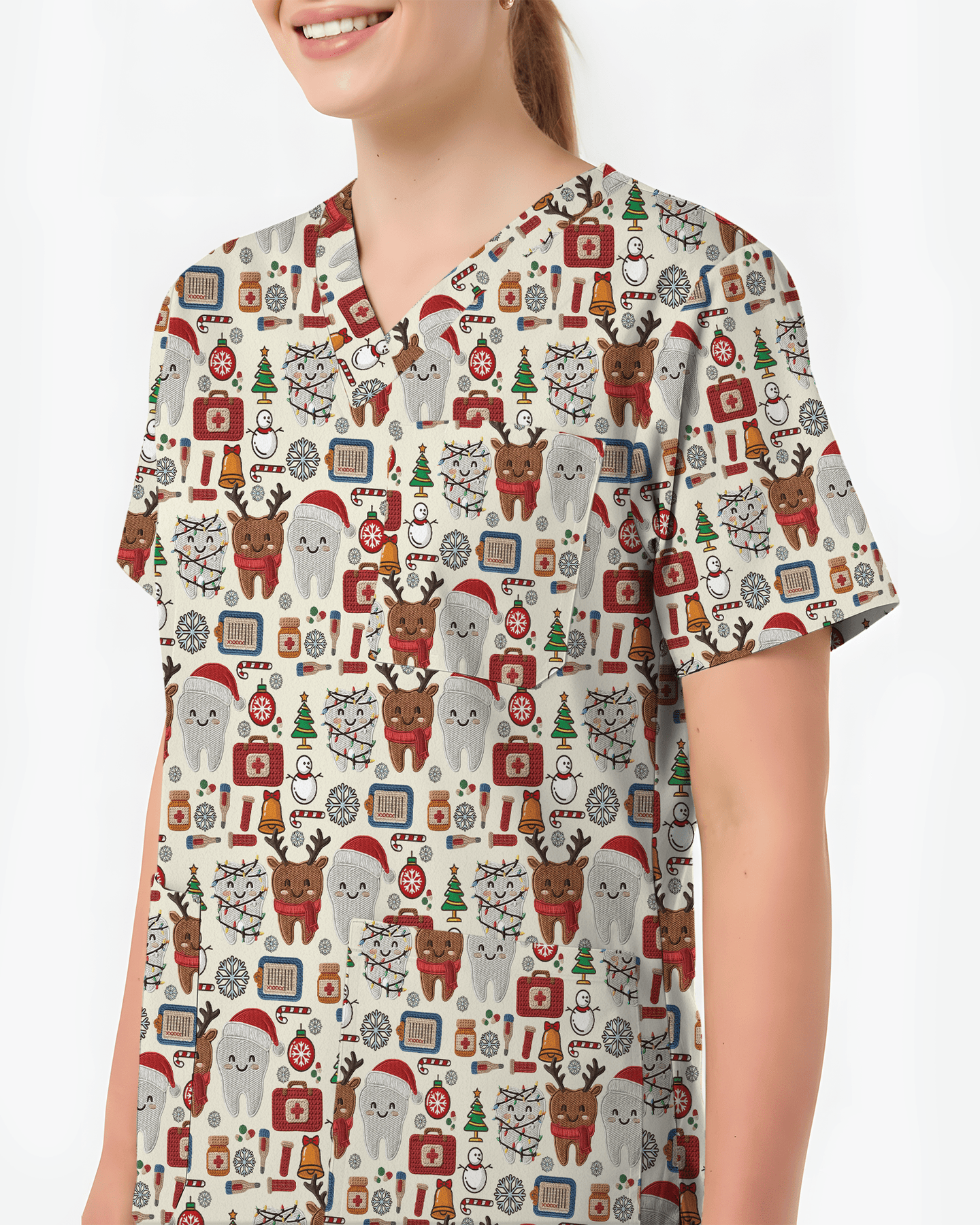 Cute Reindeer and Santa Teeth Holiday Dental Scrub Top - Scrubloop
