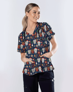 Cute Reindeer and Santa Teeth Holiday Dental Scrub Top - Scrubloop