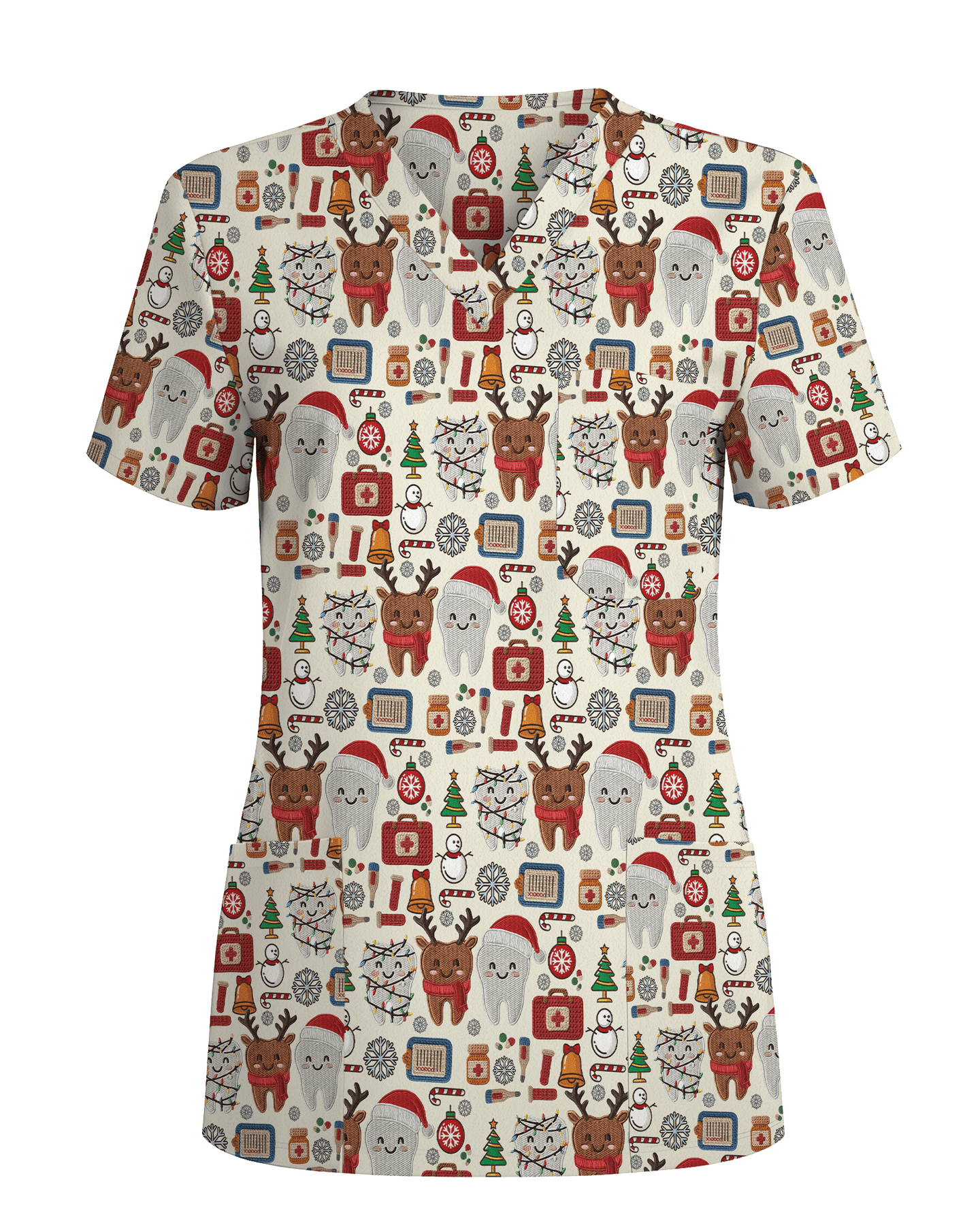 Cute Reindeer and Santa Teeth Holiday Dental Scrub Top - Scrubloop
