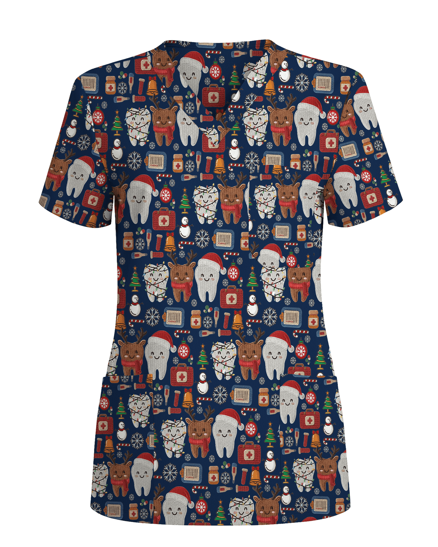 Cute Reindeer and Santa Teeth Holiday Dental Scrub Top - Scrubloop