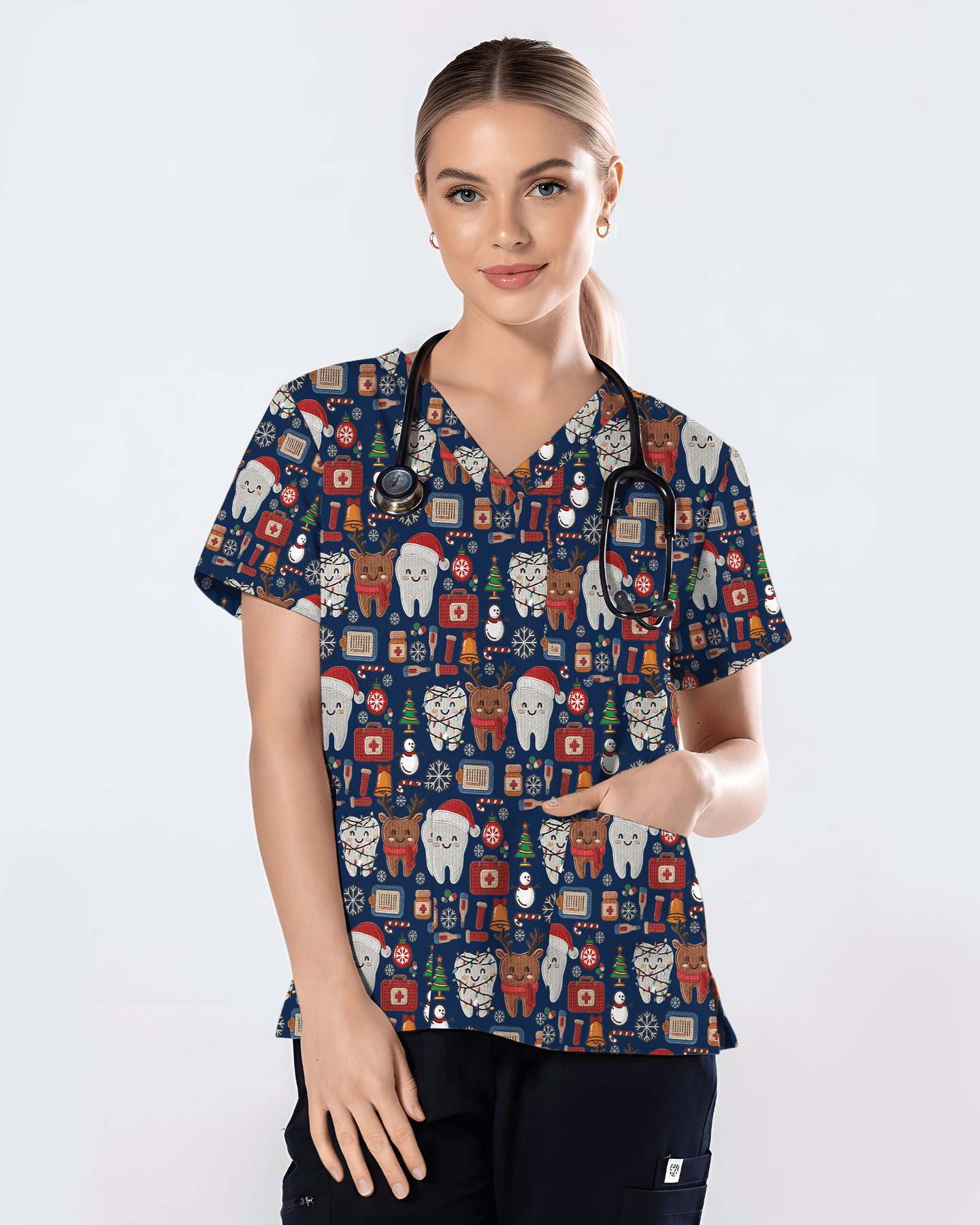 Cute Reindeer and Santa Teeth Holiday Dental Scrub Top - Scrubloop