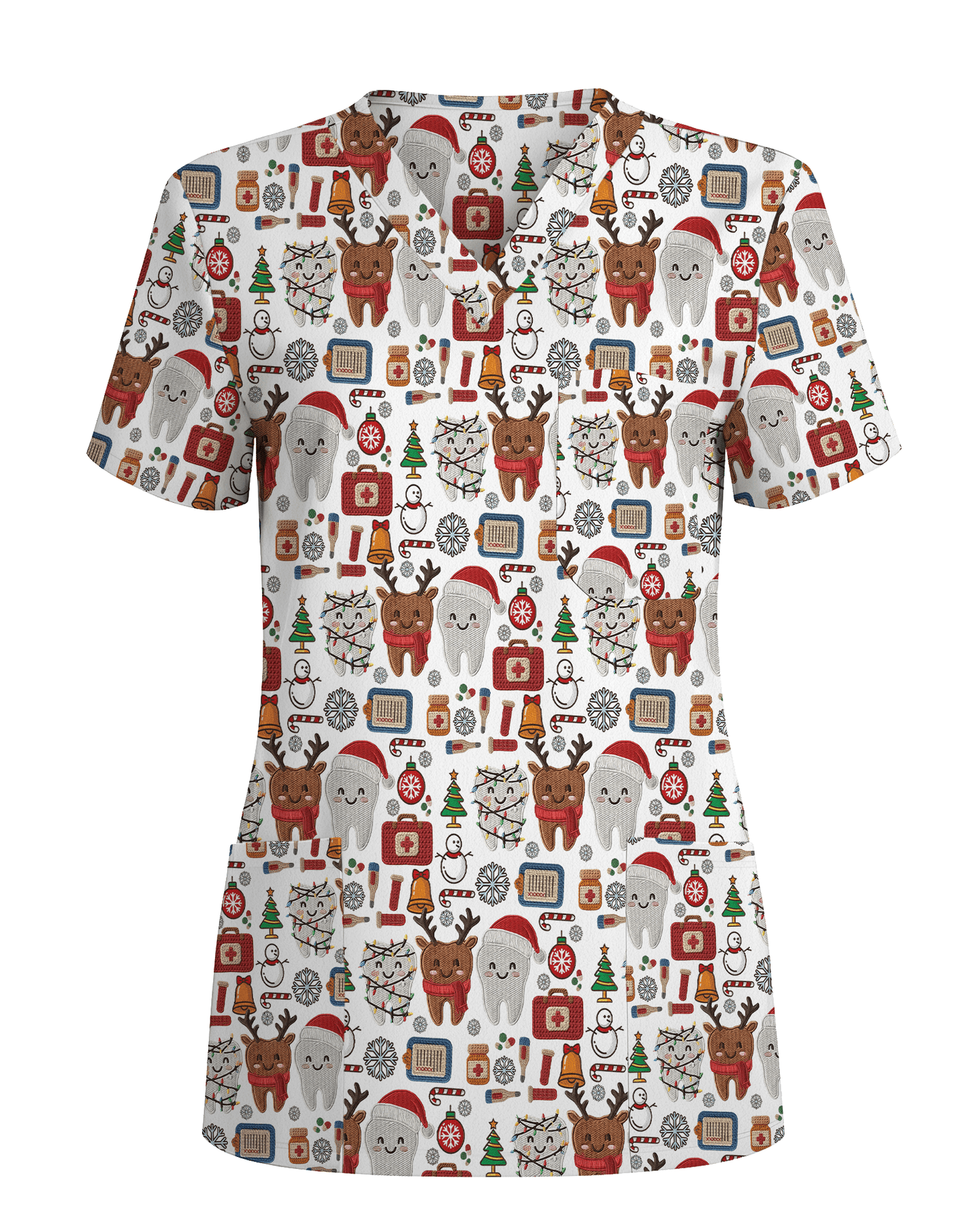 Cute Reindeer and Santa Teeth Holiday Dental Scrub Top - Scrubloop