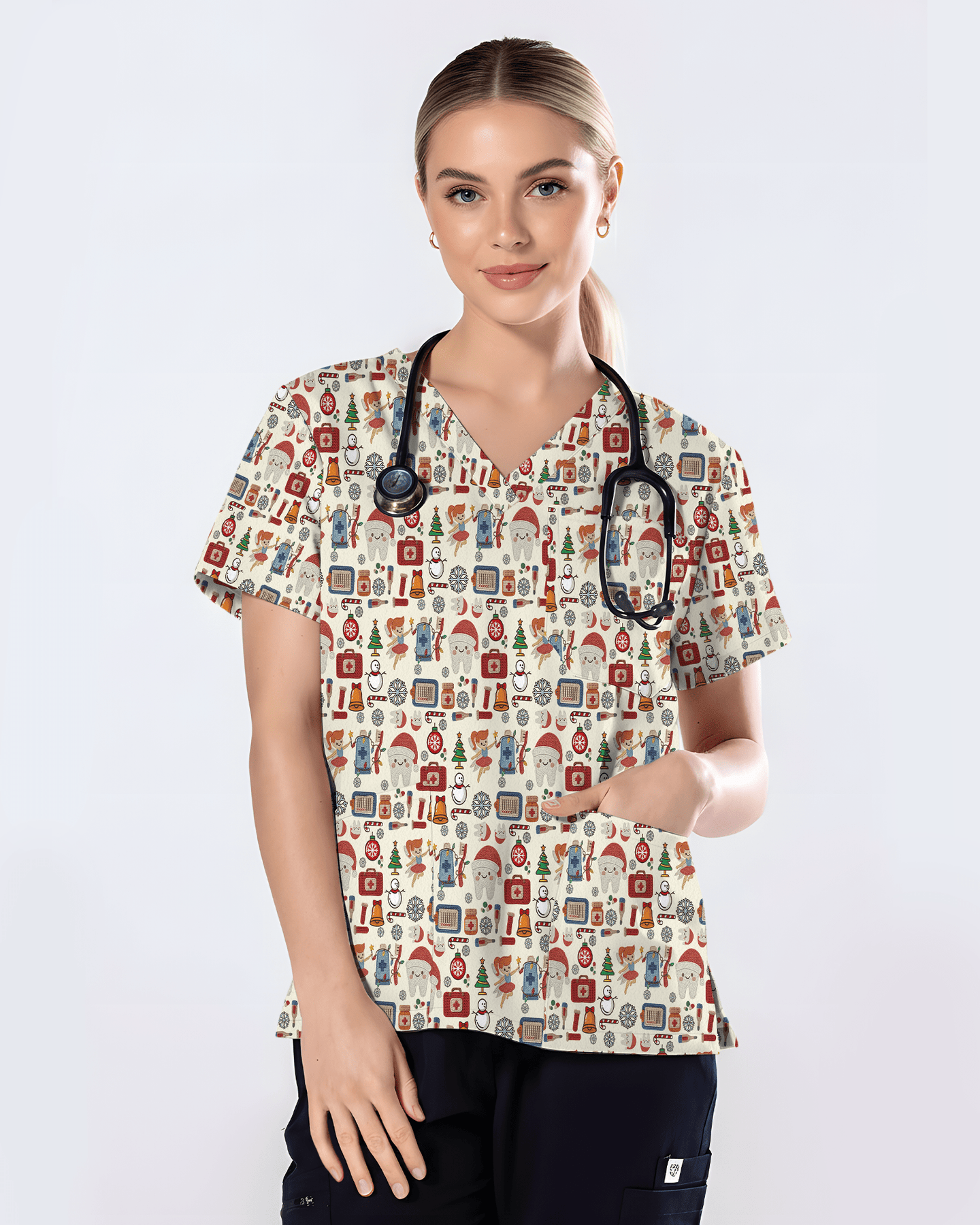 Cute Santa Teeth and Tooth Fairy Medical Scrub Top - Scrubloop