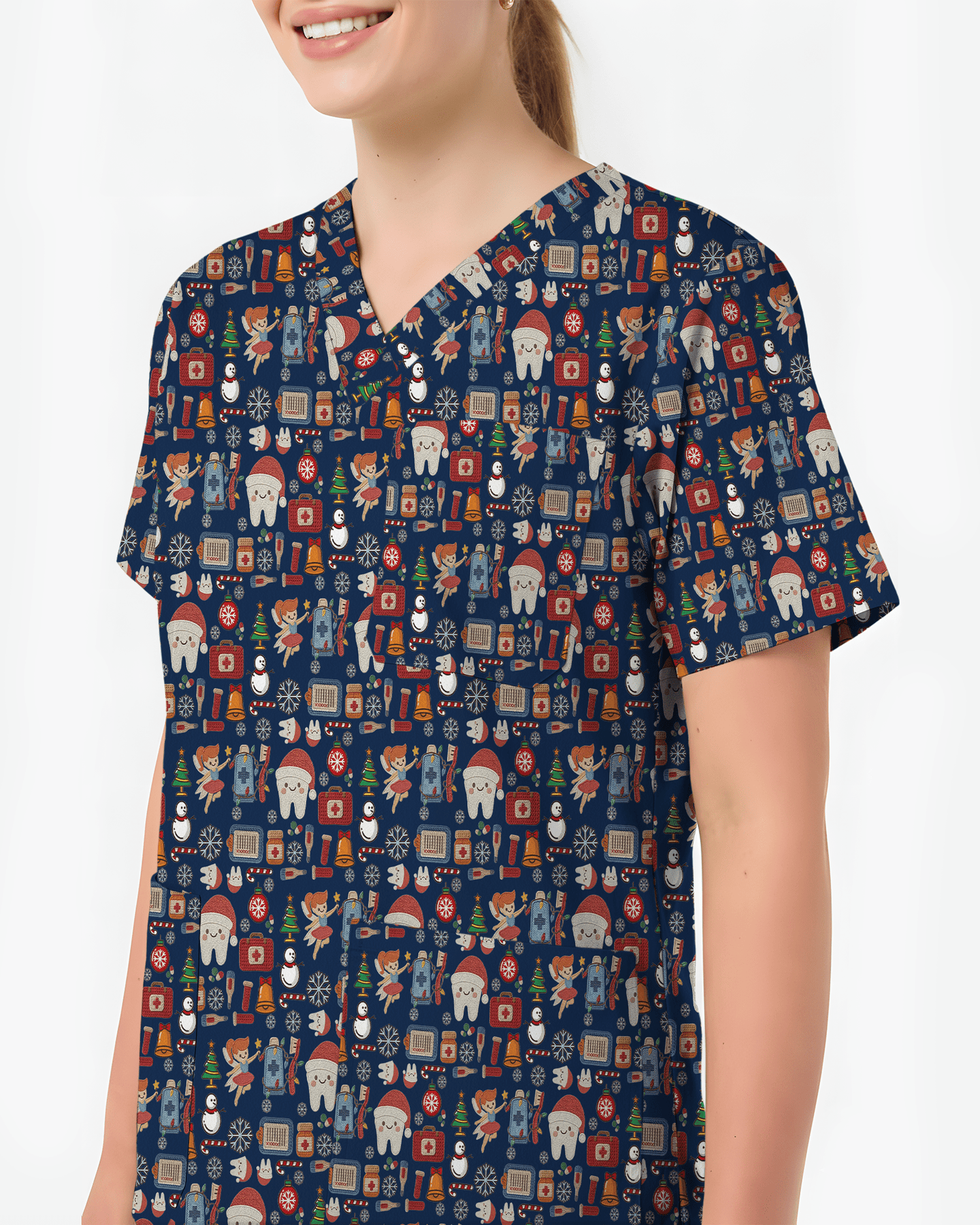 Cute Santa Teeth and Tooth Fairy Medical Scrub Top - Scrubloop