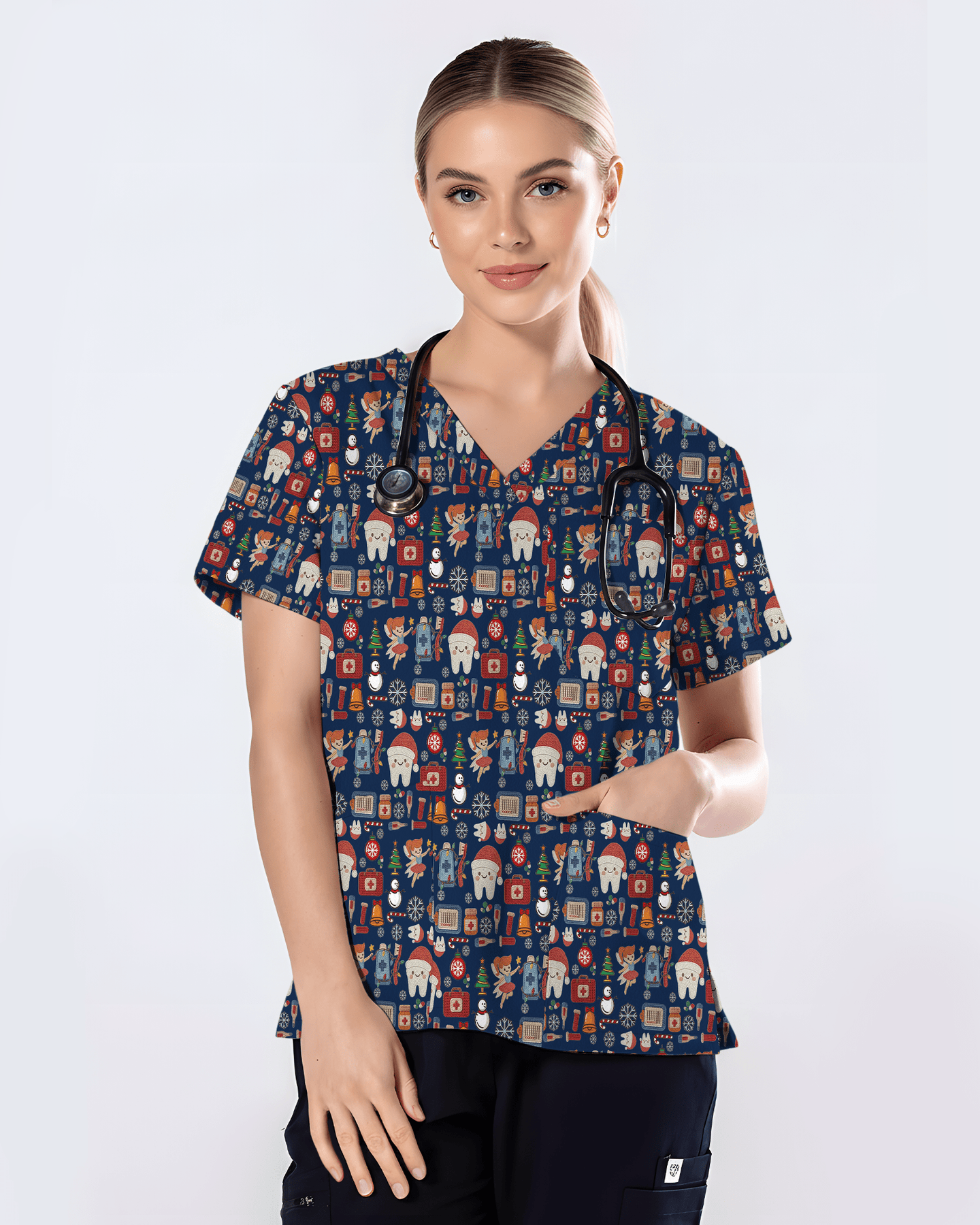 Cute Santa Teeth and Tooth Fairy Medical Scrub Top - Scrubloop