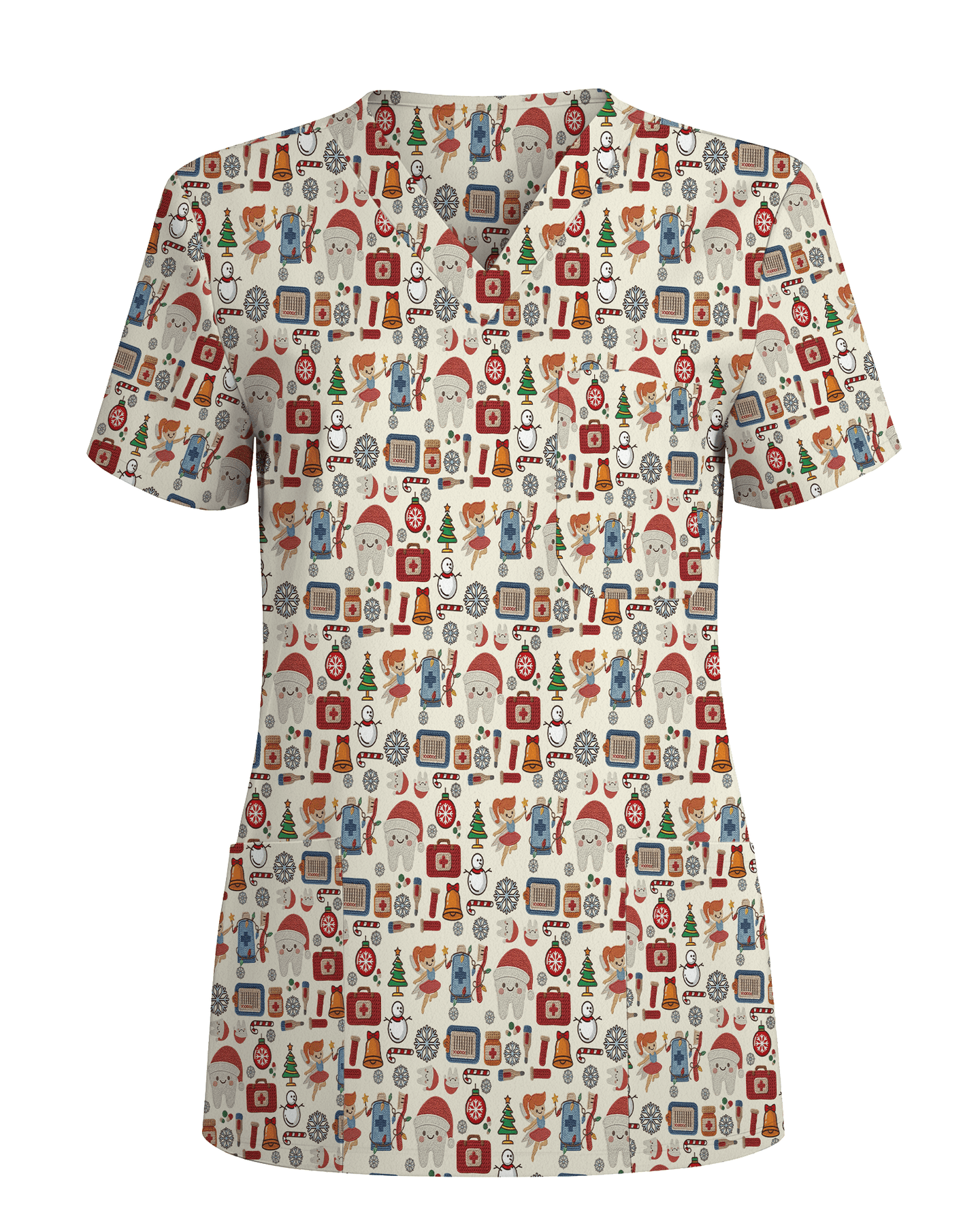 Cute Santa Teeth and Tooth Fairy Medical Scrub Top - Scrubloop