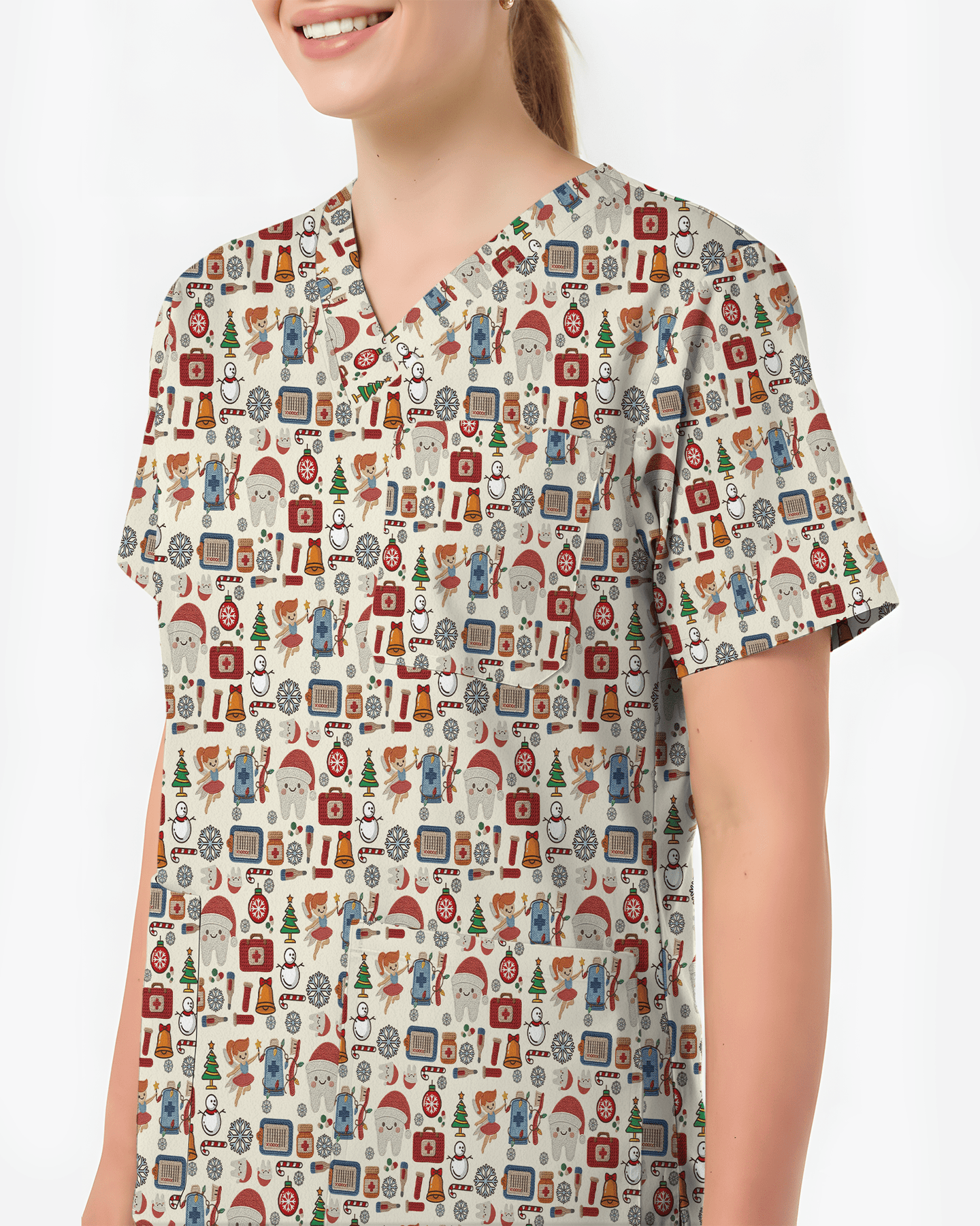 Cute Santa Teeth and Tooth Fairy Medical Scrub Top - Scrubloop