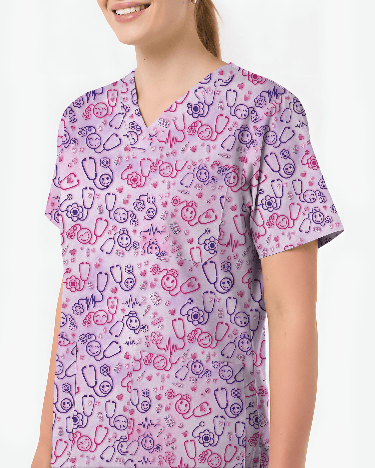 Cute Smiley Medical Icons Nurse Scrub Top - Scrubloop