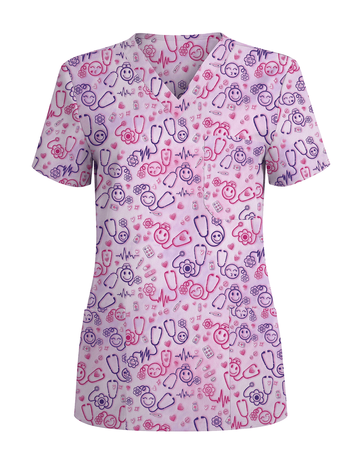 Cute Smiley Medical Icons Nurse Scrub Top