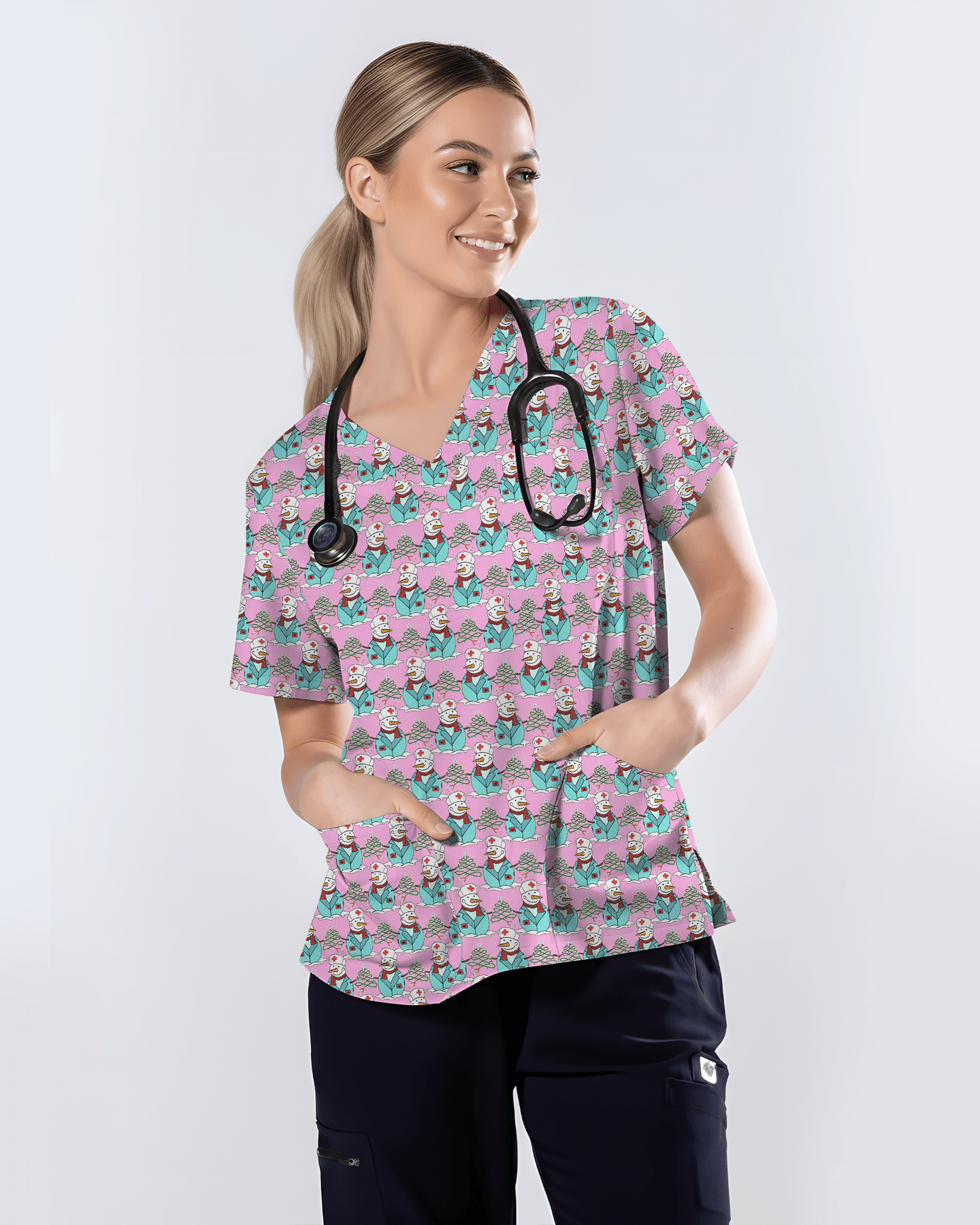 Cute Snowman Christmas Medical Nurse Scrub Top - Scrubloop