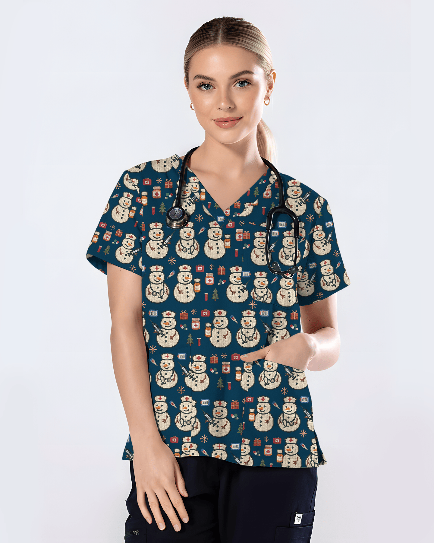 Cute Snowman Christmas Medical Nurse Scrub Top - Scrubloop