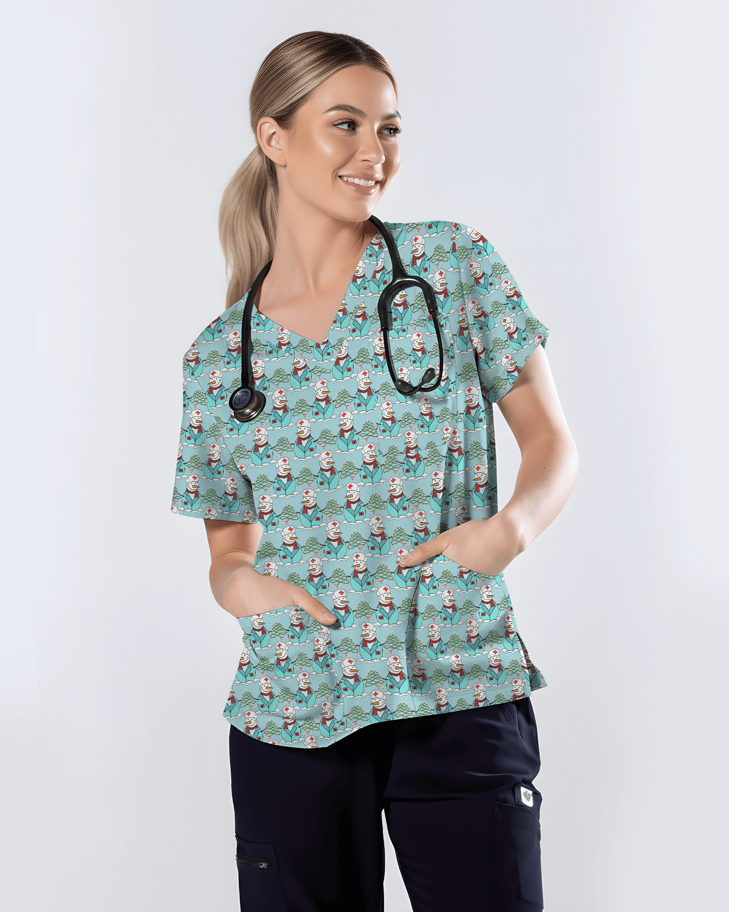 Cute Snowman Christmas Medical Nurse Scrub Top - Scrubloop