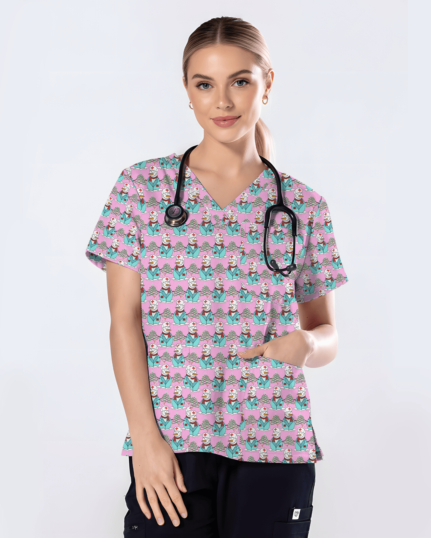 Cute Snowman Christmas Medical Nurse Scrub Top - Scrubloop