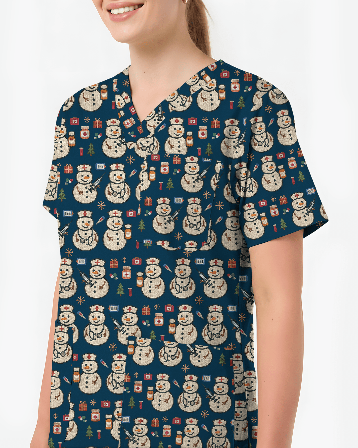 Cute Snowman Christmas Medical Nurse Scrub Top - Scrubloop