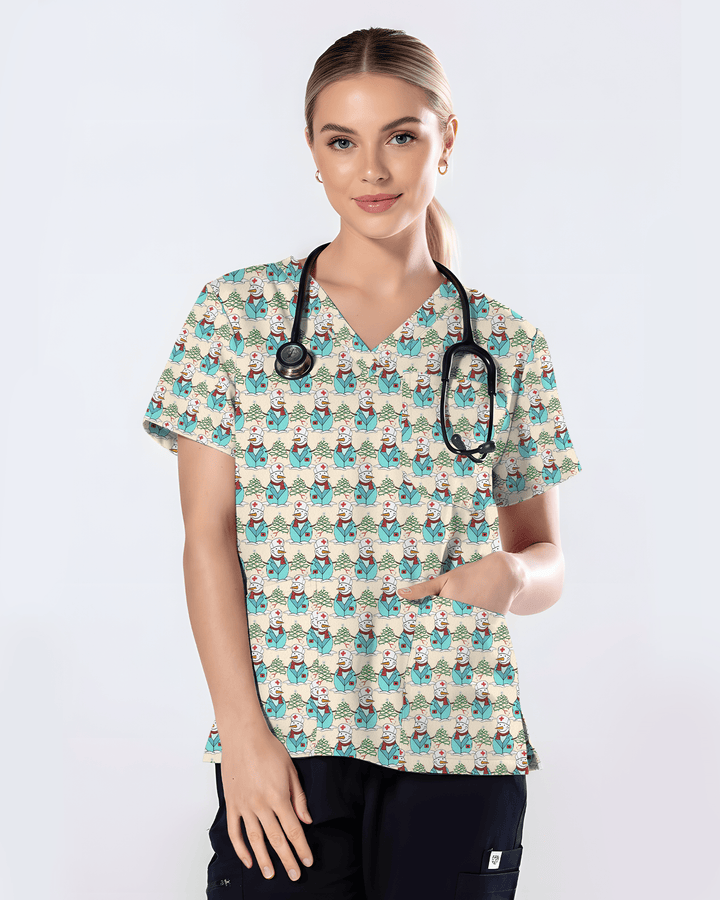 Cute Snowman Christmas Medical Nurse Scrub Top