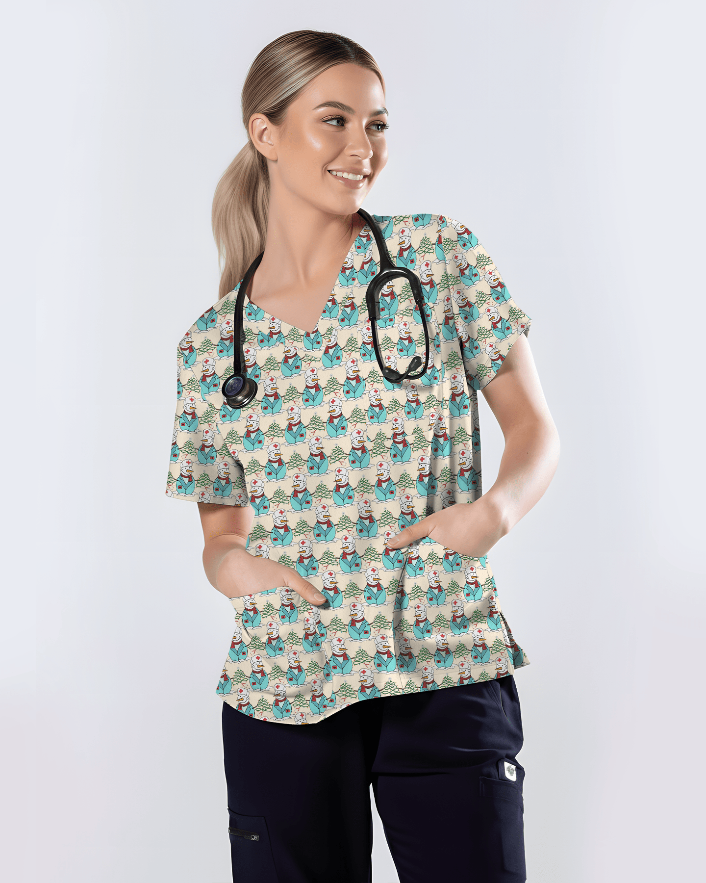 Cute Snowman Christmas Medical Nurse Scrub Top - Scrubloop