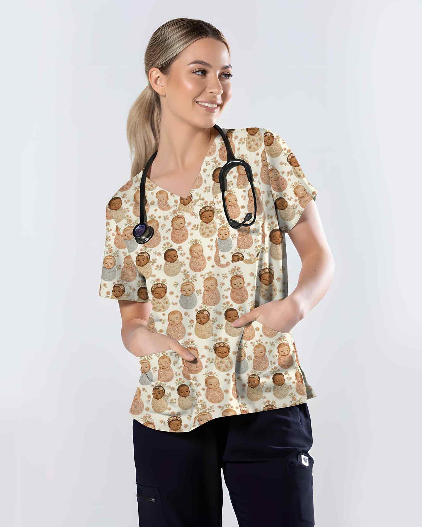 Cute Swaddled Baby Medical Scrub Top - Scrubloop