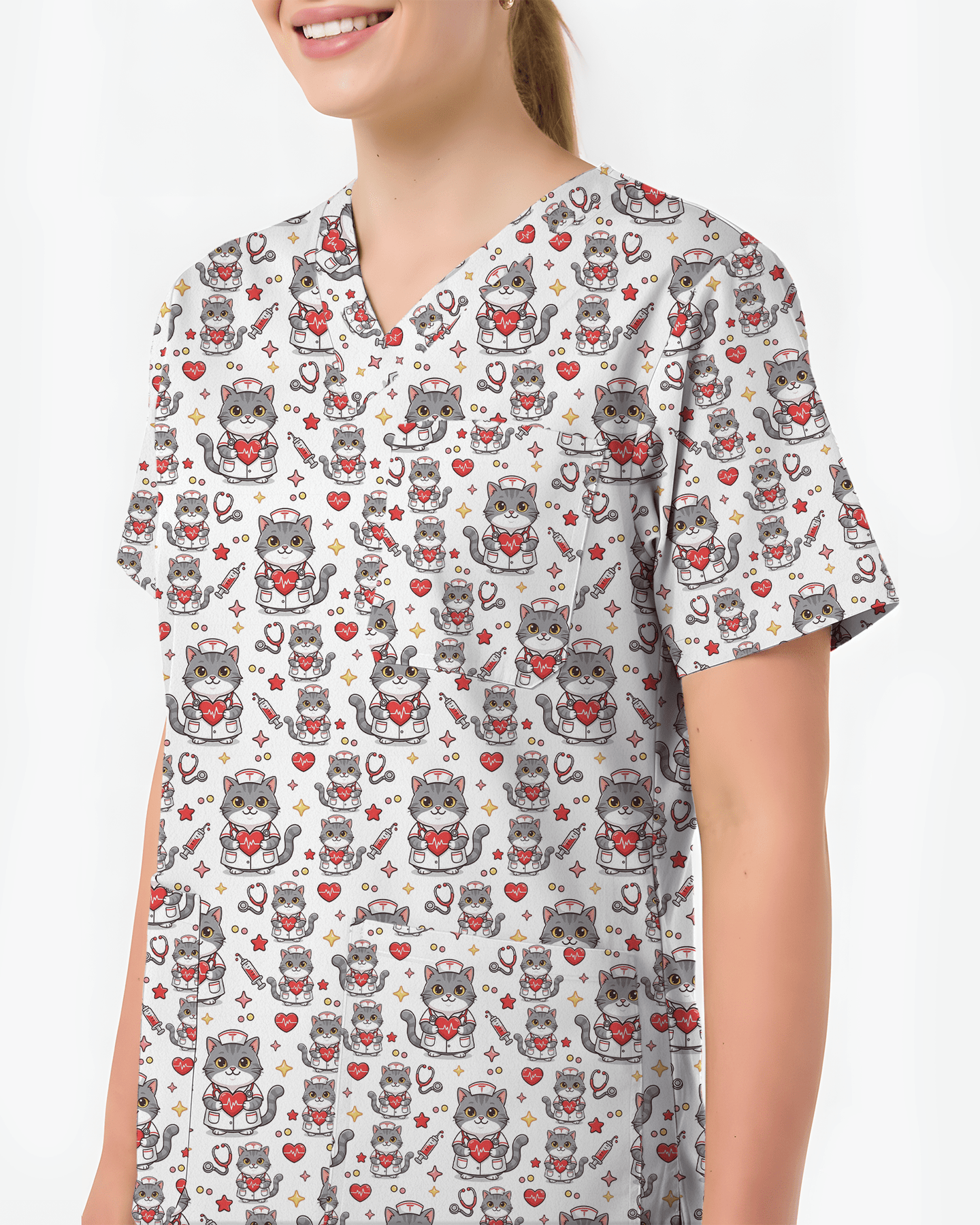 Cute Tabby Cat Nurse Heart Scrub Top - Scrubloop