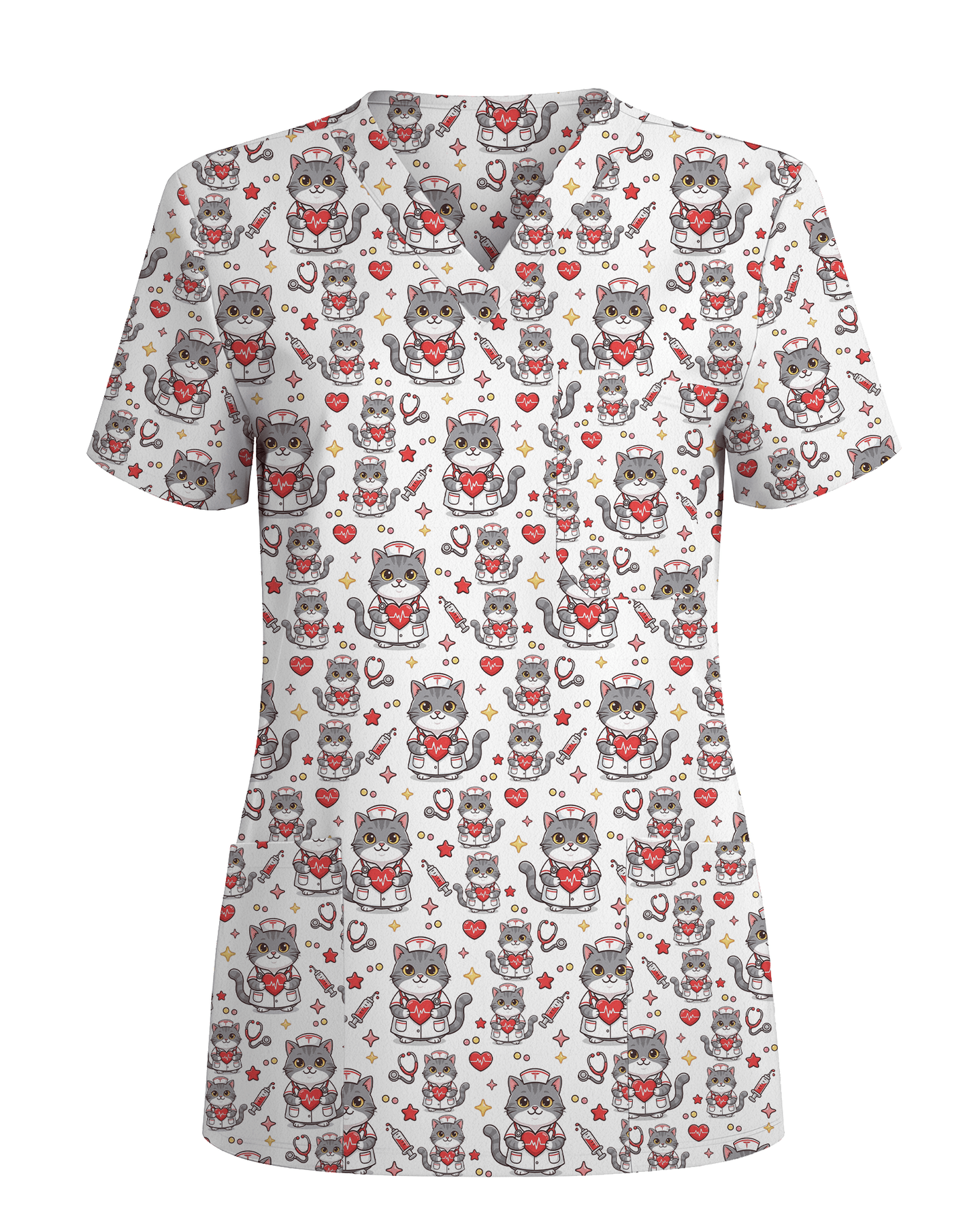 Cute Tabby Cat Nurse Heart Scrub Top - Scrubloop