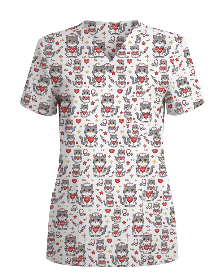 Cute Tabby Cat Nurse Heart Scrub Top